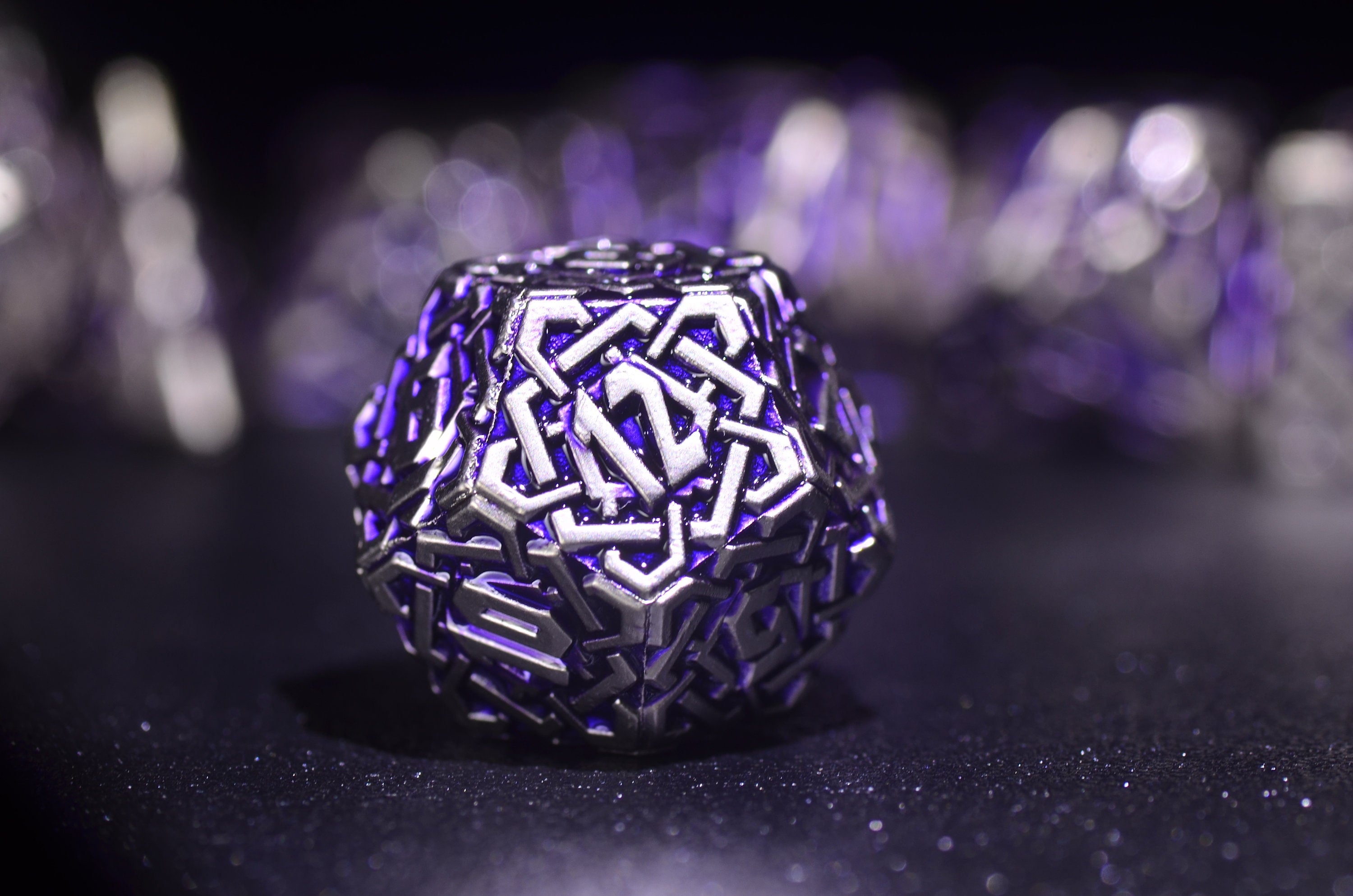 Purple Arcane Runic Metal Dice Set - Weighted DnD Dice Set with Amethyst and Mithril Design for Dungeons and Dragons