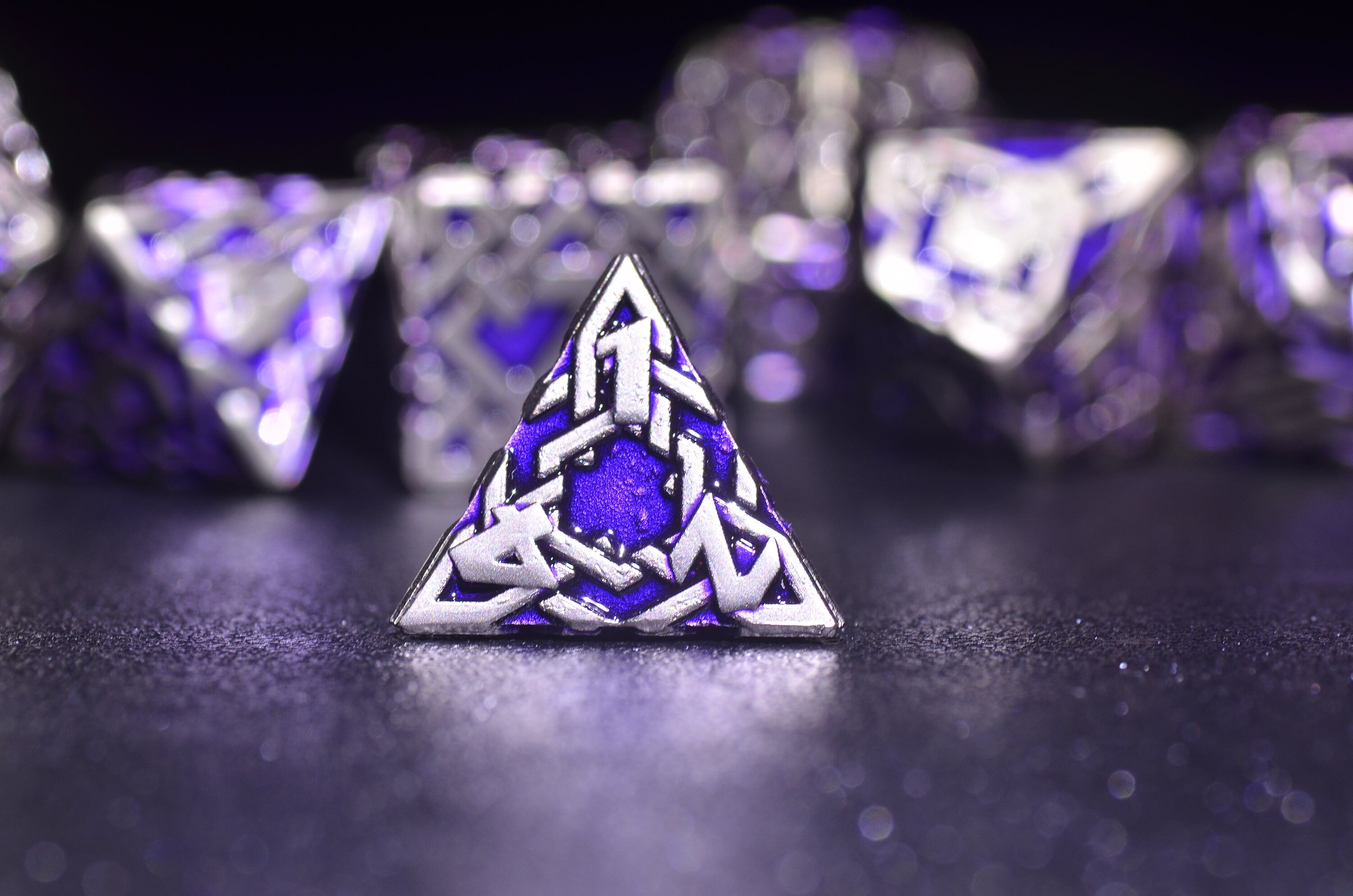 Purple Arcane Runic Metal Dice Set - Weighted DnD Dice Set with Amethyst and Mithril Design for Dungeons and Dragons