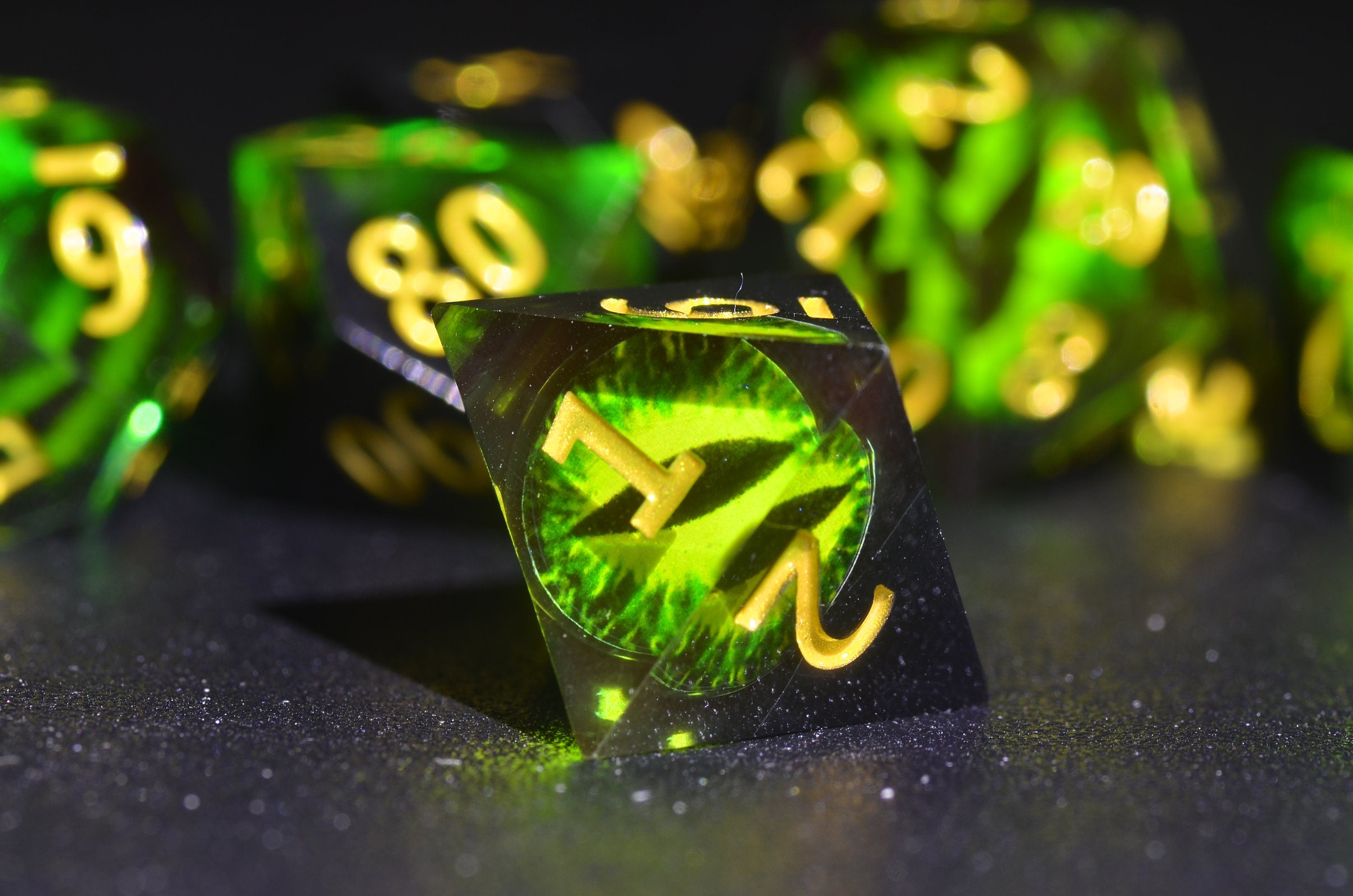 Green Dragon Eye Dice, DND Necromancer Dice,D&D resin dice set | Sharp edge polygonal dice,Dungeons and Dragons Druid Dice