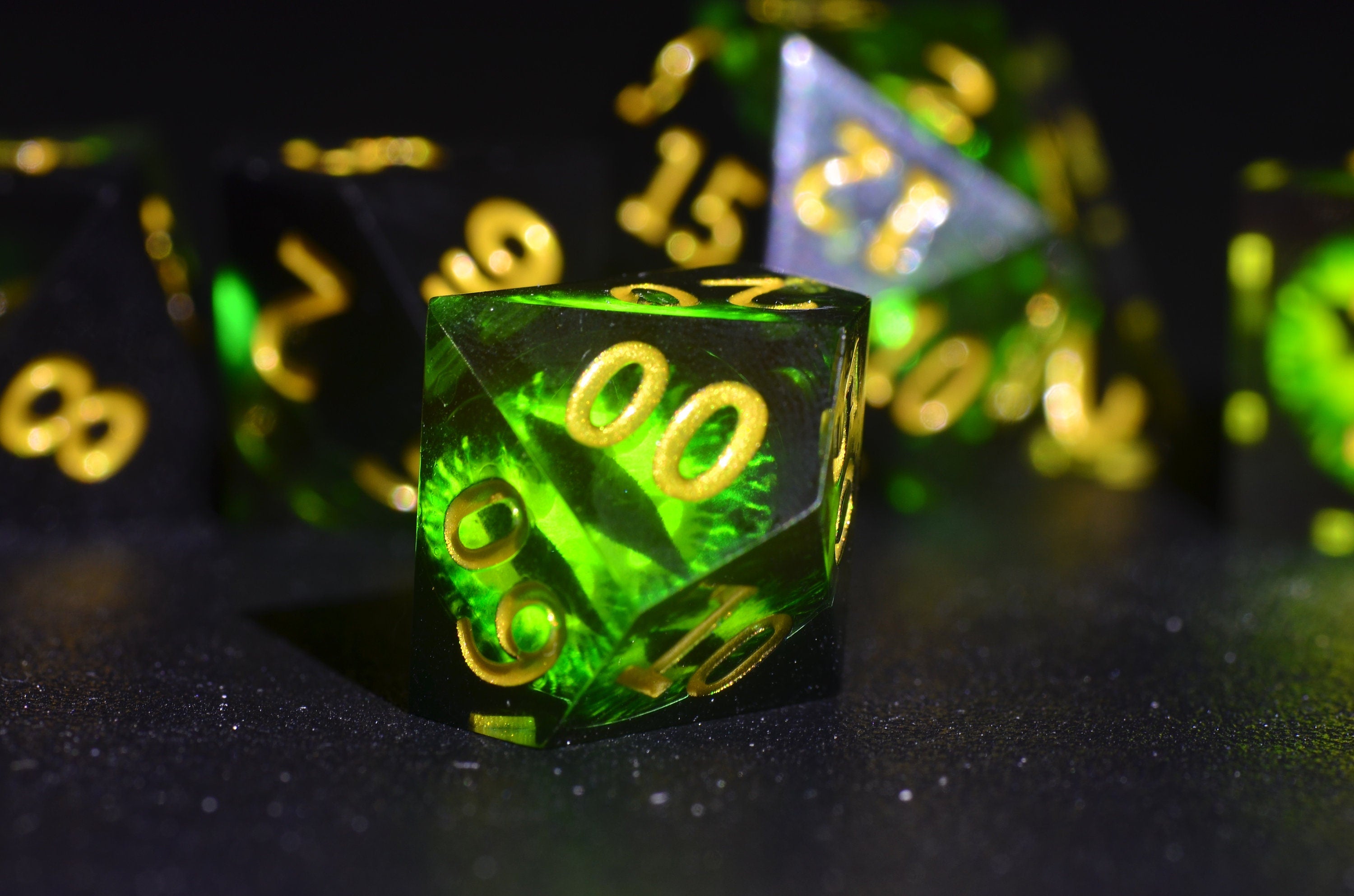 Green Dragon Eye Dice, DND Necromancer Dice,D&D resin dice set | Sharp edge polygonal dice,Dungeons and Dragons Druid Dice