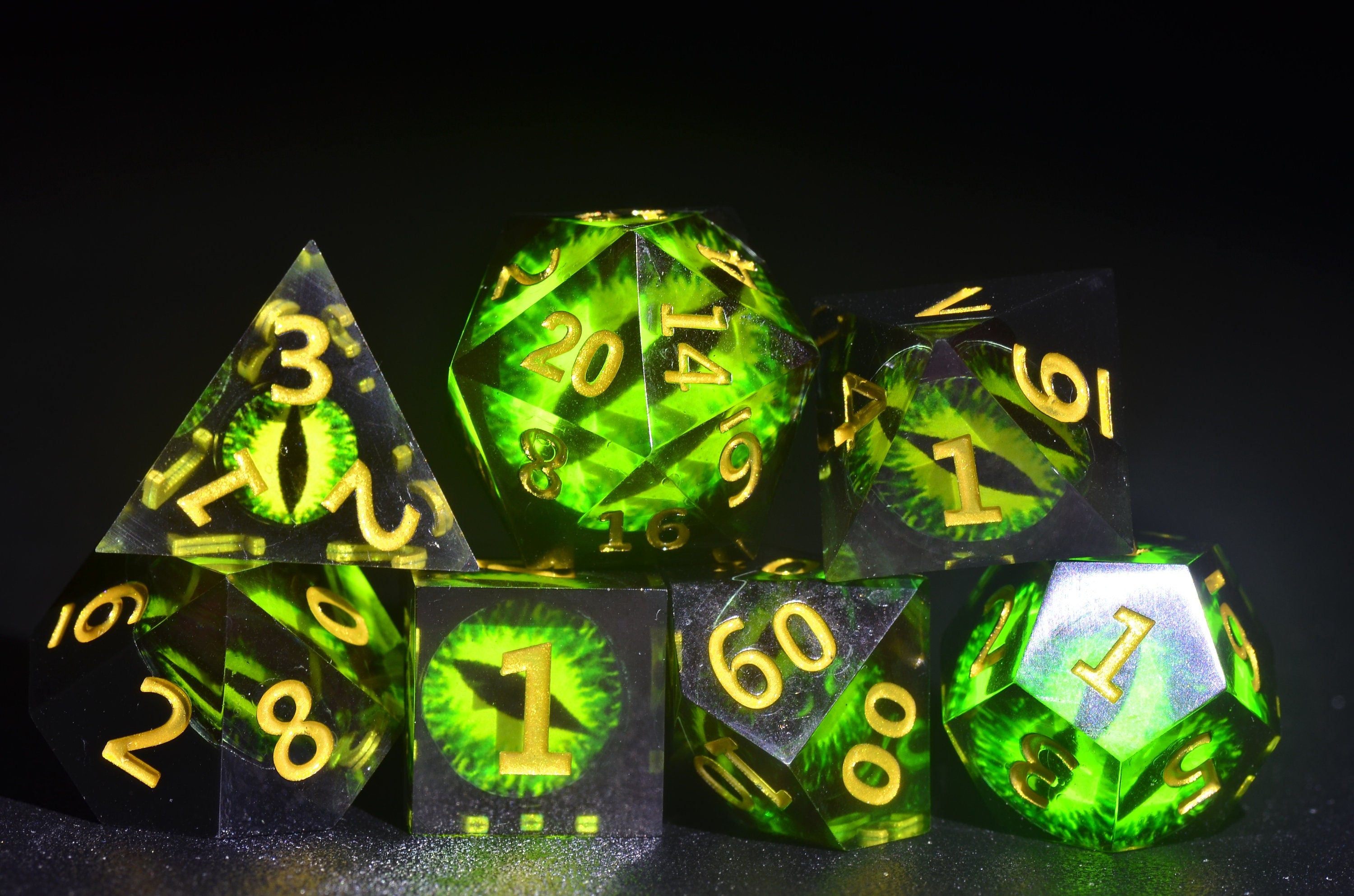 Green Dragon Eye Dice, DND Necromancer Dice,D&D resin dice set | Sharp edge polygonal dice,Dungeons and Dragons Druid Dice