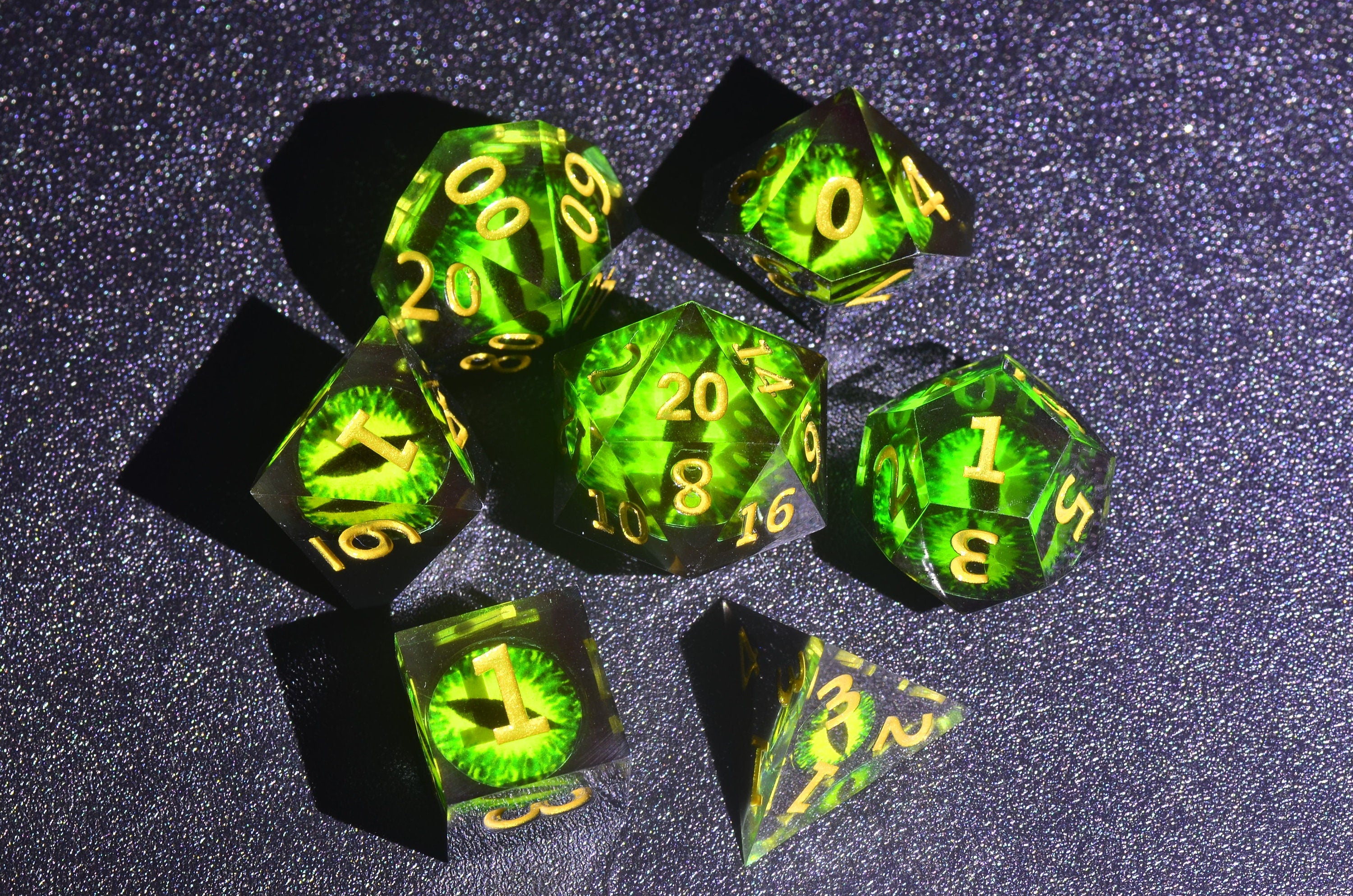 Green Dragon Eye Dice, DND Necromancer Dice,D&D resin dice set | Sharp edge polygonal dice,Dungeons and Dragons Druid Dice