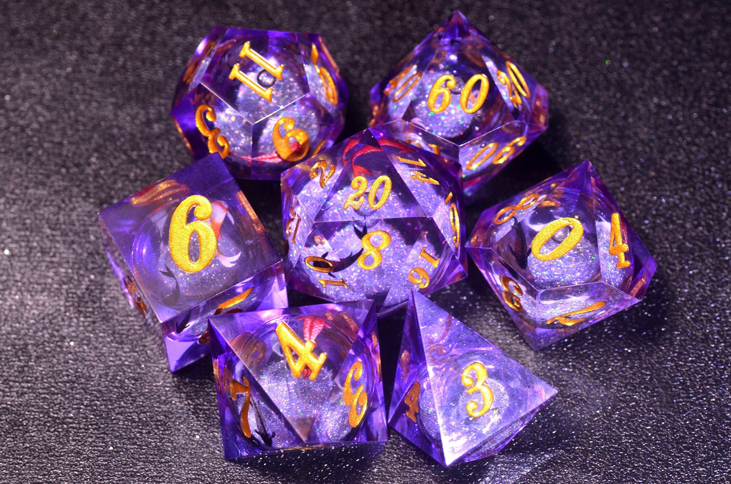 Purple Liquid Core Koi Dice set ,DND Lucky Koi dice ,Sharp Edge resin dice,Dungeons and Dragons Polyhedral RPG Dice