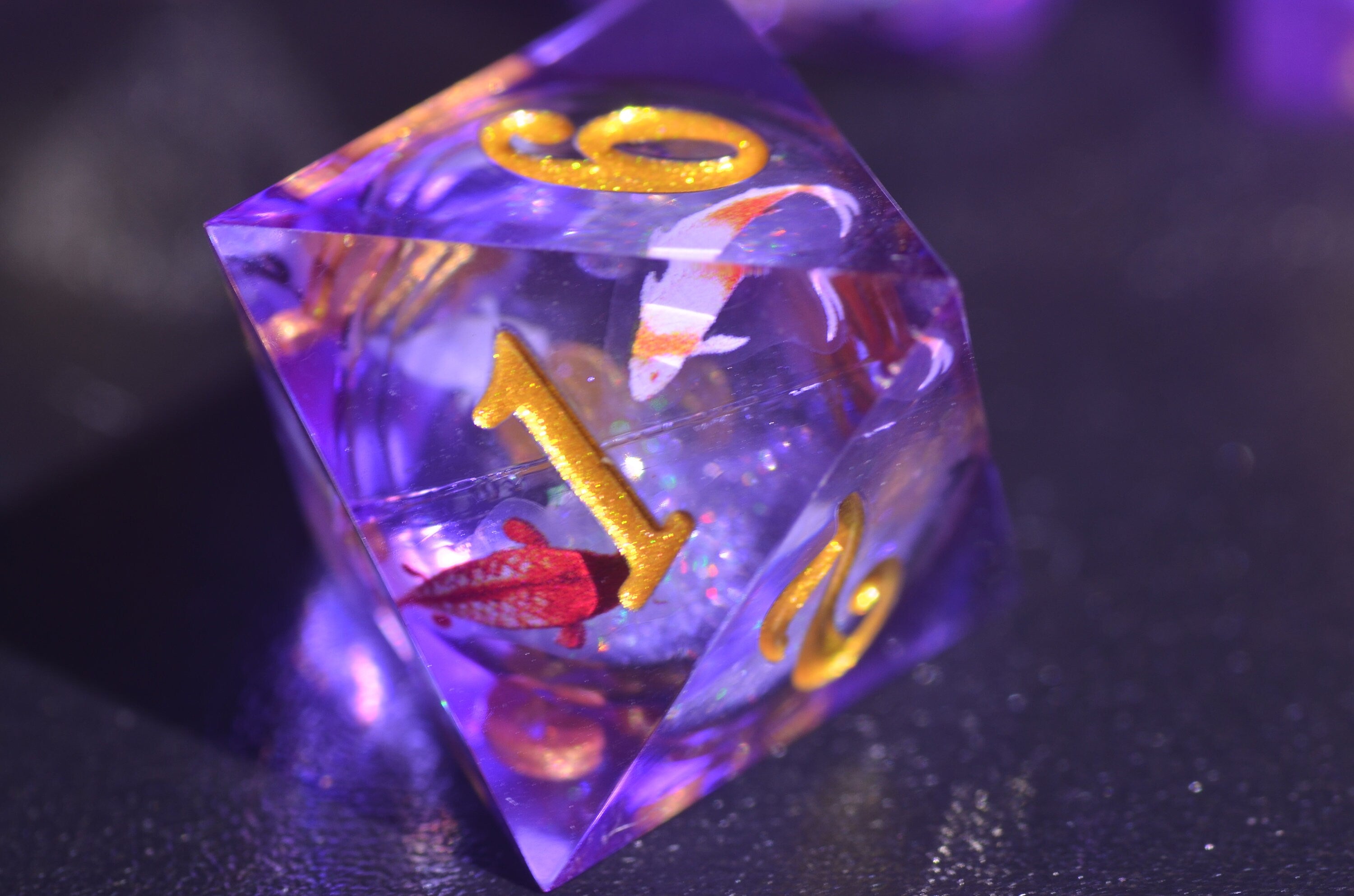 Purple Liquid Core Koi Dice set ,DND Lucky Koi dice ,Sharp Edge resin dice,Dungeons and Dragons Polyhedral RPG Dice