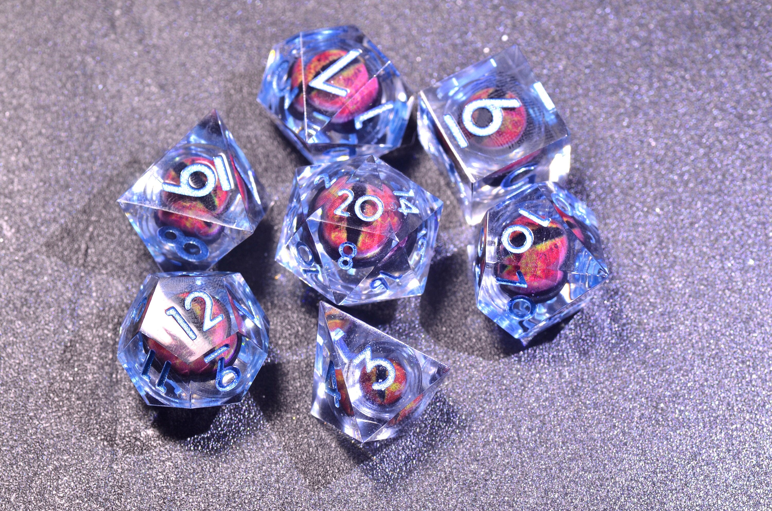 Blue longan dice,DnD liquid core dice set,DnD dice with dragon inside ,DND gift,D&D Sharp Edge resin dice ,Dragon eye dice set