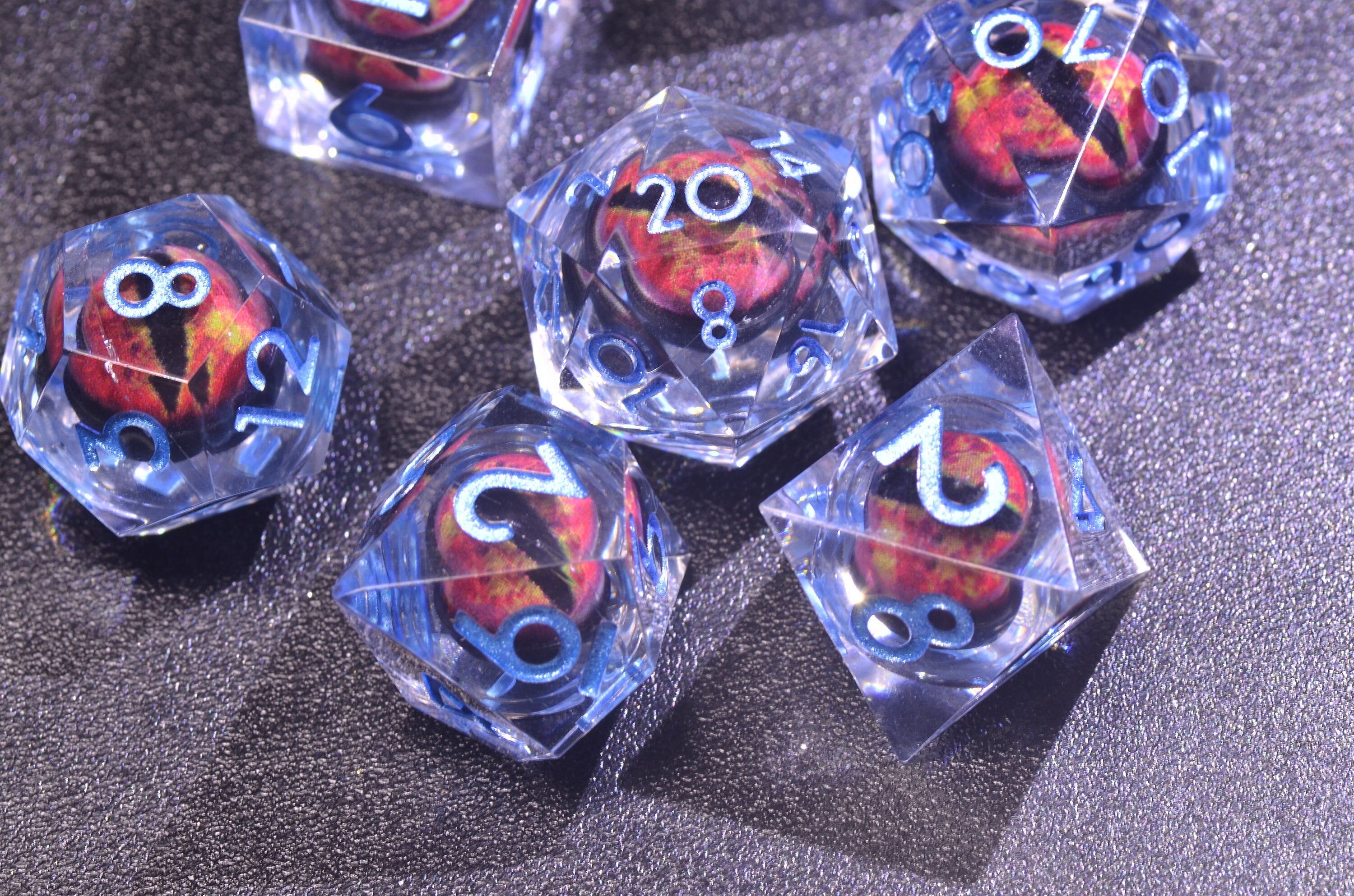 Blue longan dice,DnD liquid core dice set,DnD dice with dragon inside ,DND gift,D&D Sharp Edge resin dice ,Dragon eye dice set