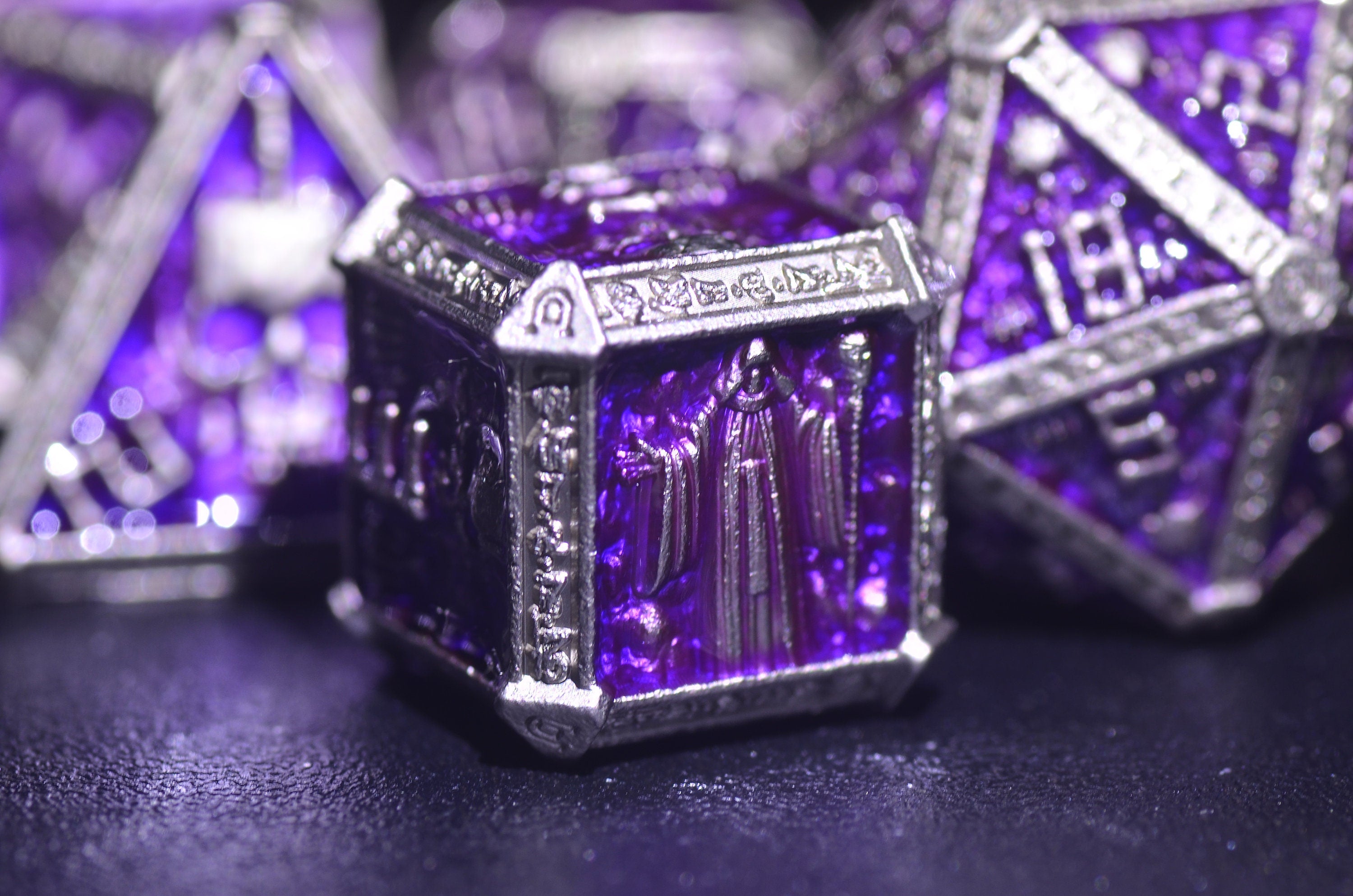 Purple Wizard Metal Dice Set - Necromancer Skeleton Design for DND