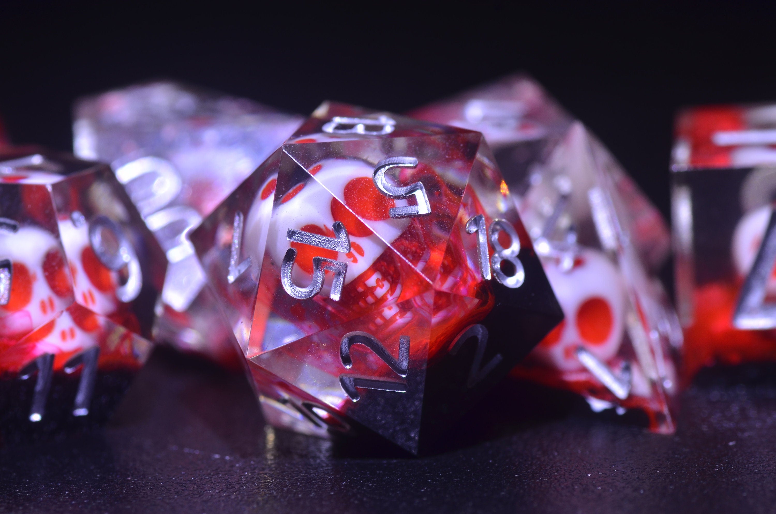 Blood Red Skull Dice, DND Necromancer dice,red Ghost Skull Dice set,Transparent green D&D dice, Resin Sharp Edge Dice
