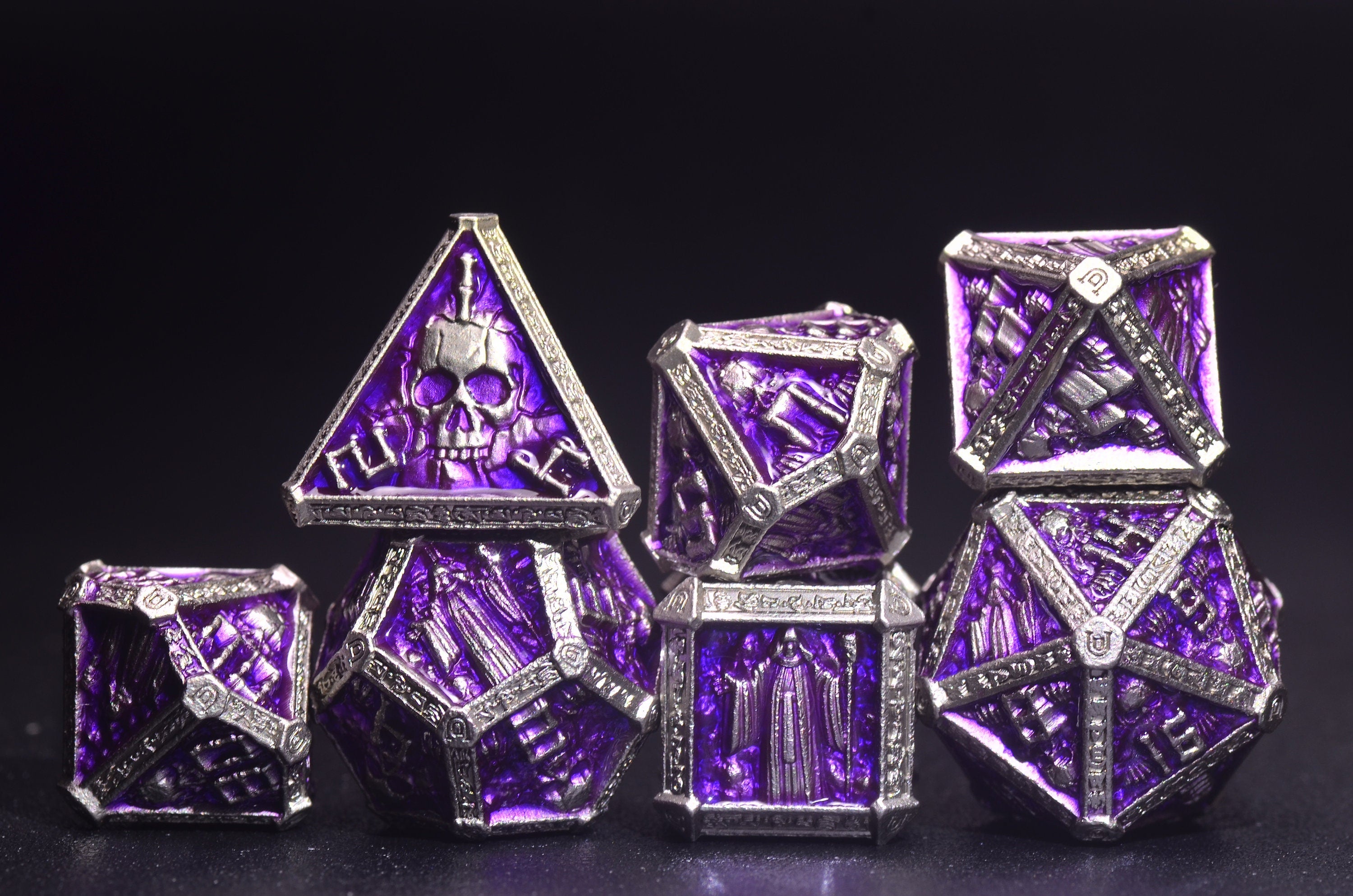 Purple Wizard Metal Dice Set - Necromancer Dice, Skeleton Mage dice Weighted DnD Dice Set with Amethyst,unique design D&D gift