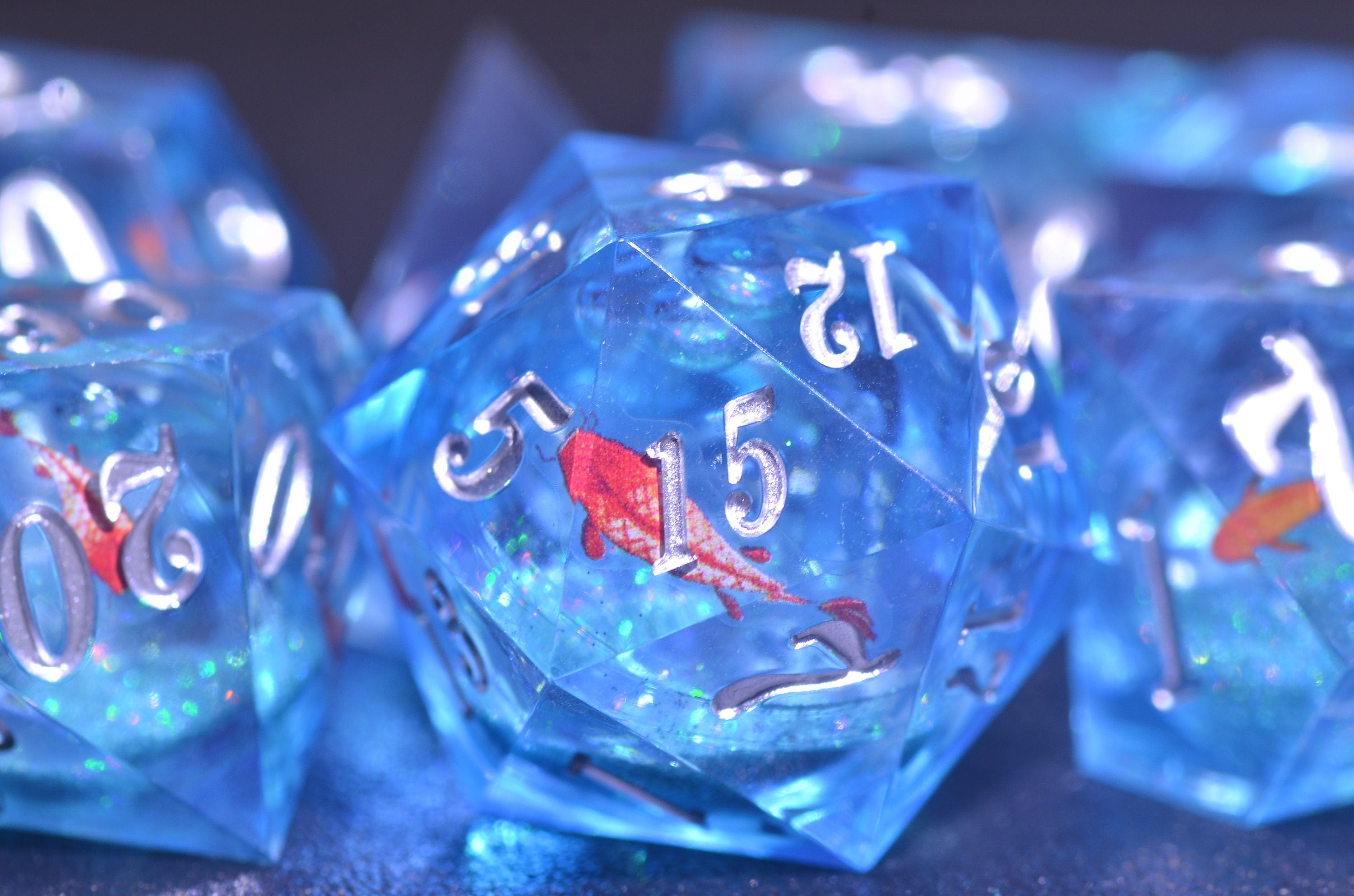 Blue Liquid Core Koi Fish Dice Set: DND Water Dice for Adventure & Luck -japanese dice,ocean dice, dnd dice gift