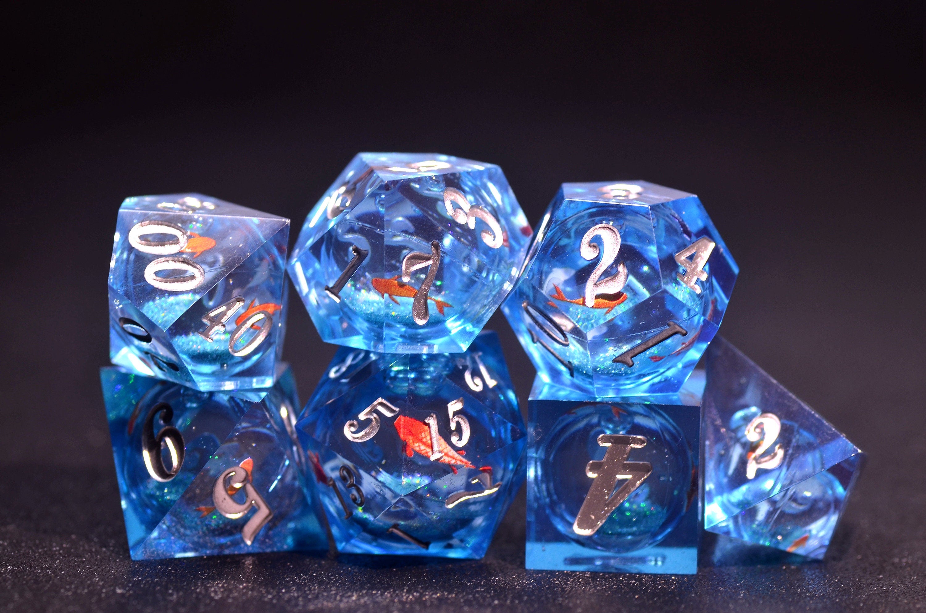 Blue Liquid Core Koi Fish Dice Set: DND Water Dice for Adventure & Luck -japanese dice,ocean dice, dnd dice gift