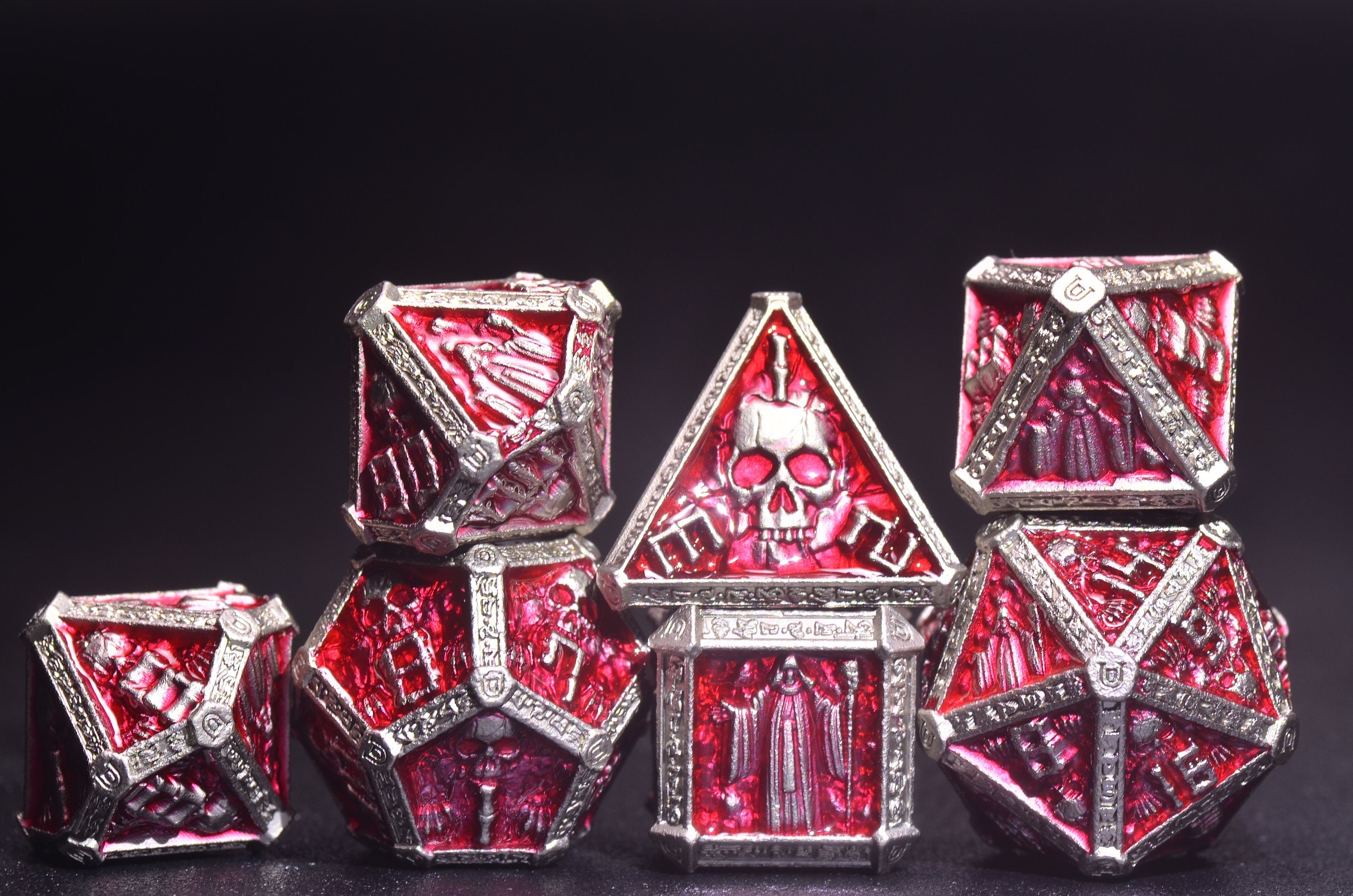 RED Wizard Metal Dice Set - Necromancer Dice, Skeleton Mage dice Weighted DnD Dice Set with flames ,unique design D&D gift