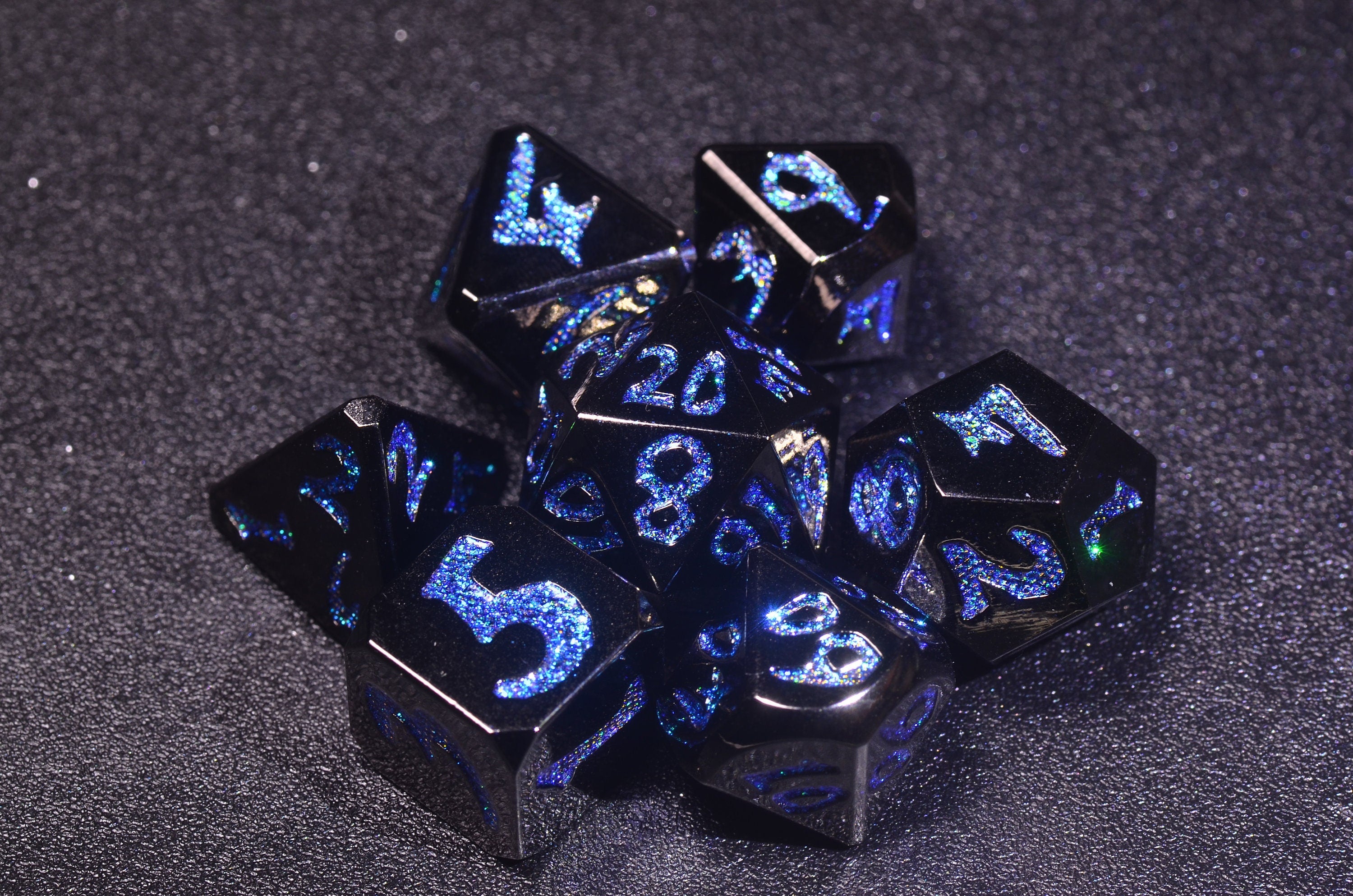 Blue Sparkle Dragon Scale Obsidian Dice set - Glossy Metal Dice,Weighted DnD Dice Set