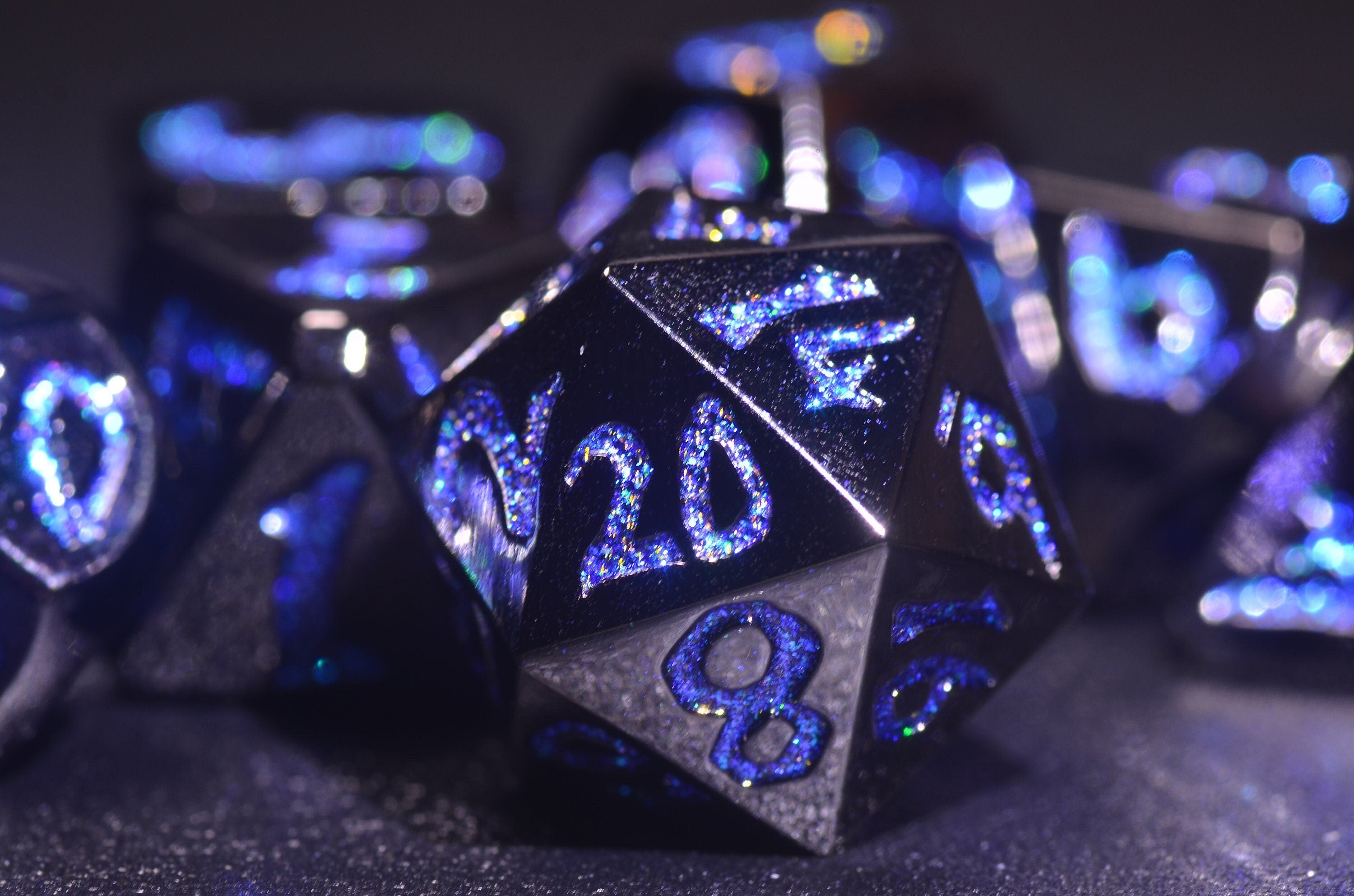 Blue Sparkle Dragon Scale Obsidian Dice set - Glossy Metal Dice,Weighted DnD Dice Set
