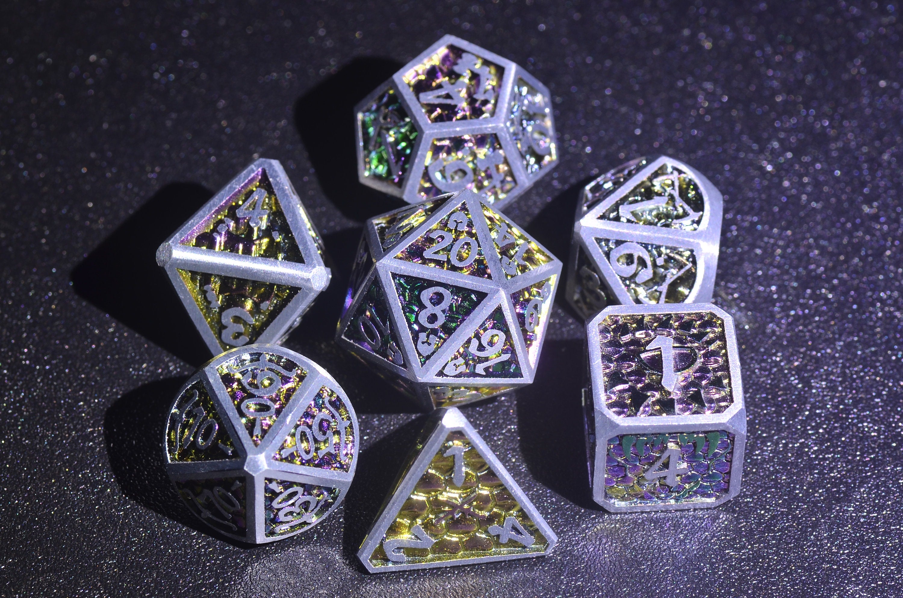 Dwarf Metal Dice Set - Illuminated Dragon Scale for DND