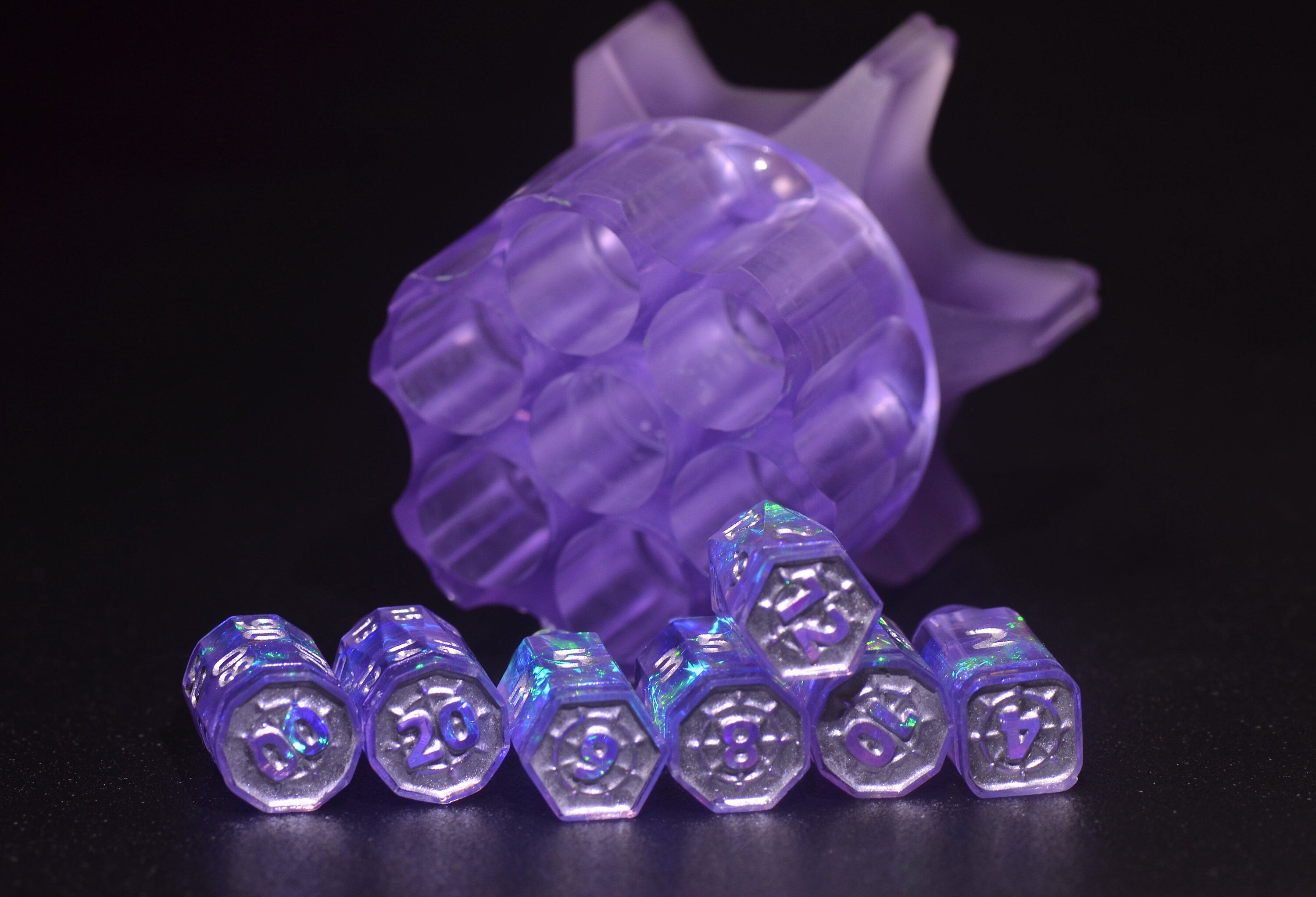 Purple Revolver Bullet & Bomb Fidget Spinner Dice Set โ Explosive Handcrafted Resin Dice with Rotating Base, Perfect for RPG Gun Enthusiasts