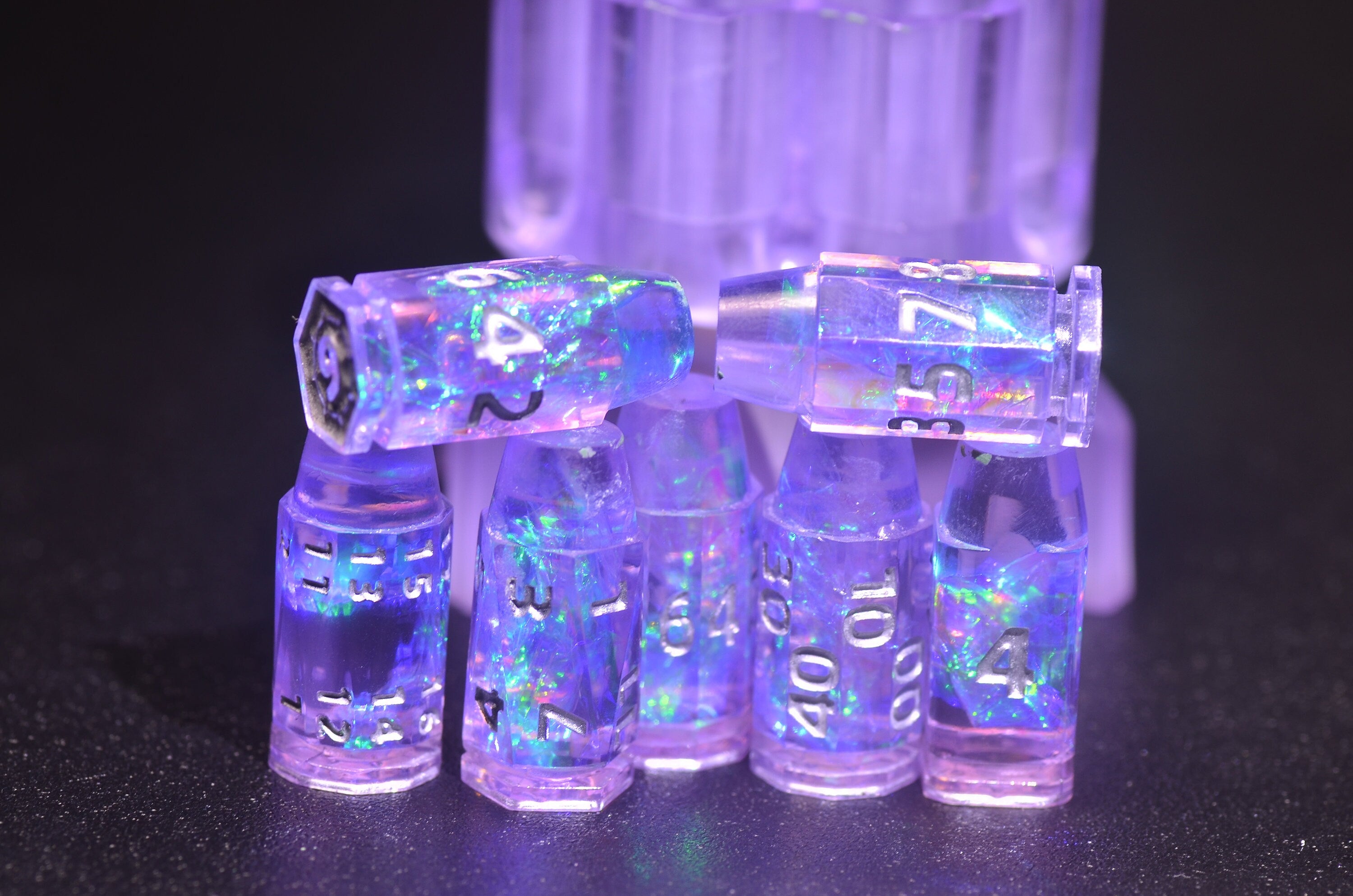 Purple Revolver Bullet & Bomb Fidget Spinner Dice Set โ Explosive Handcrafted Resin Dice with Rotating Base, Perfect for RPG Gun Enthusiasts