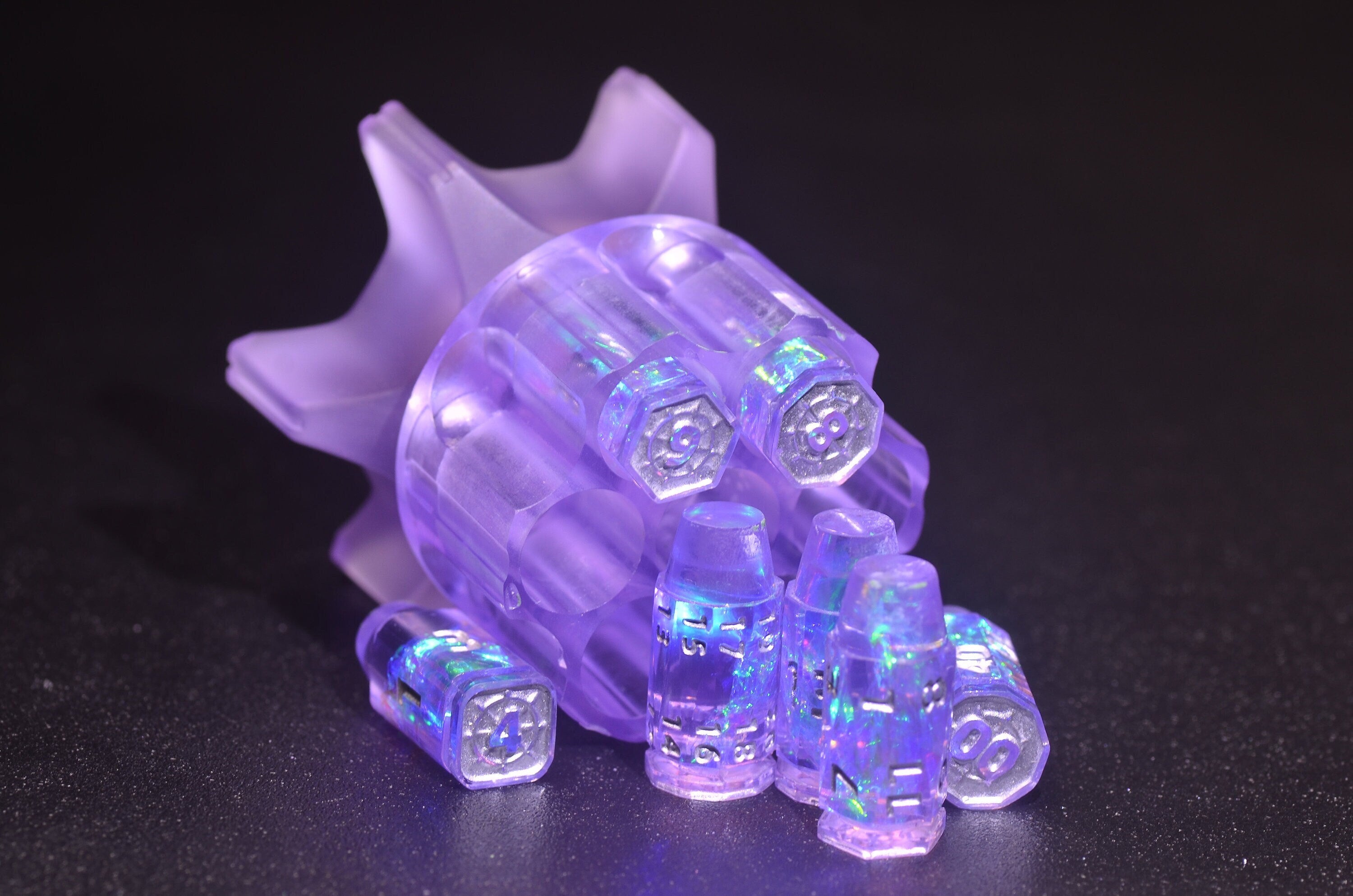 Purple Revolver Bullet & Bomb Fidget Spinner Dice Set โ Explosive Handcrafted Resin Dice with Rotating Base, Perfect for RPG Gun Enthusiasts