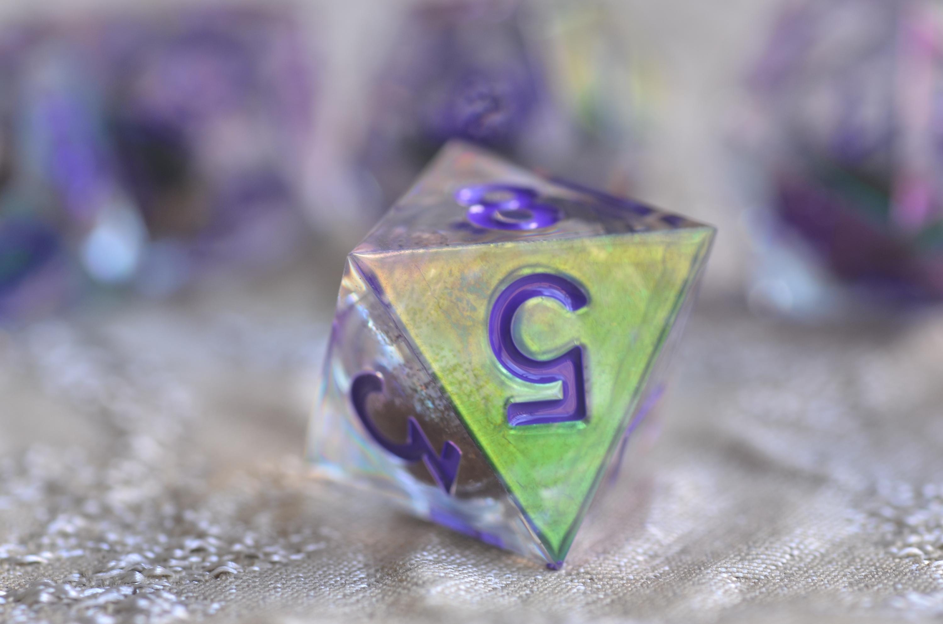 Cyberpunk Violet Iridescent Core Liquid Dice โ Mesmerizing Black Sand in Motion- Stunning RPG Dice Set | Sharp Edge Resin Polyhedral Dice