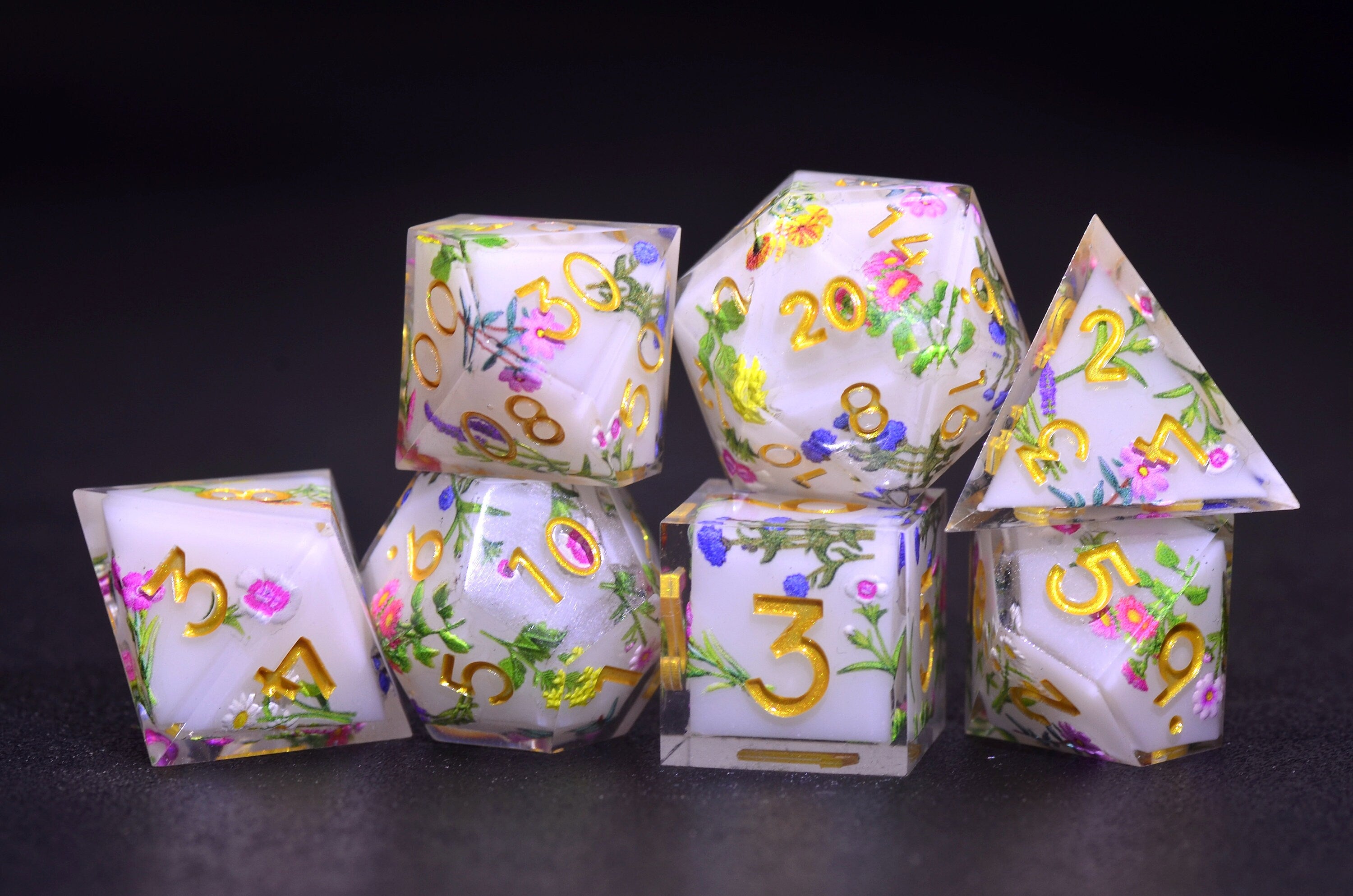 Dual-Layer Resin Dice with Floral | Sharp Edge Resin Polyhedral Dice for Dungeons and Dragons | DND dice gift