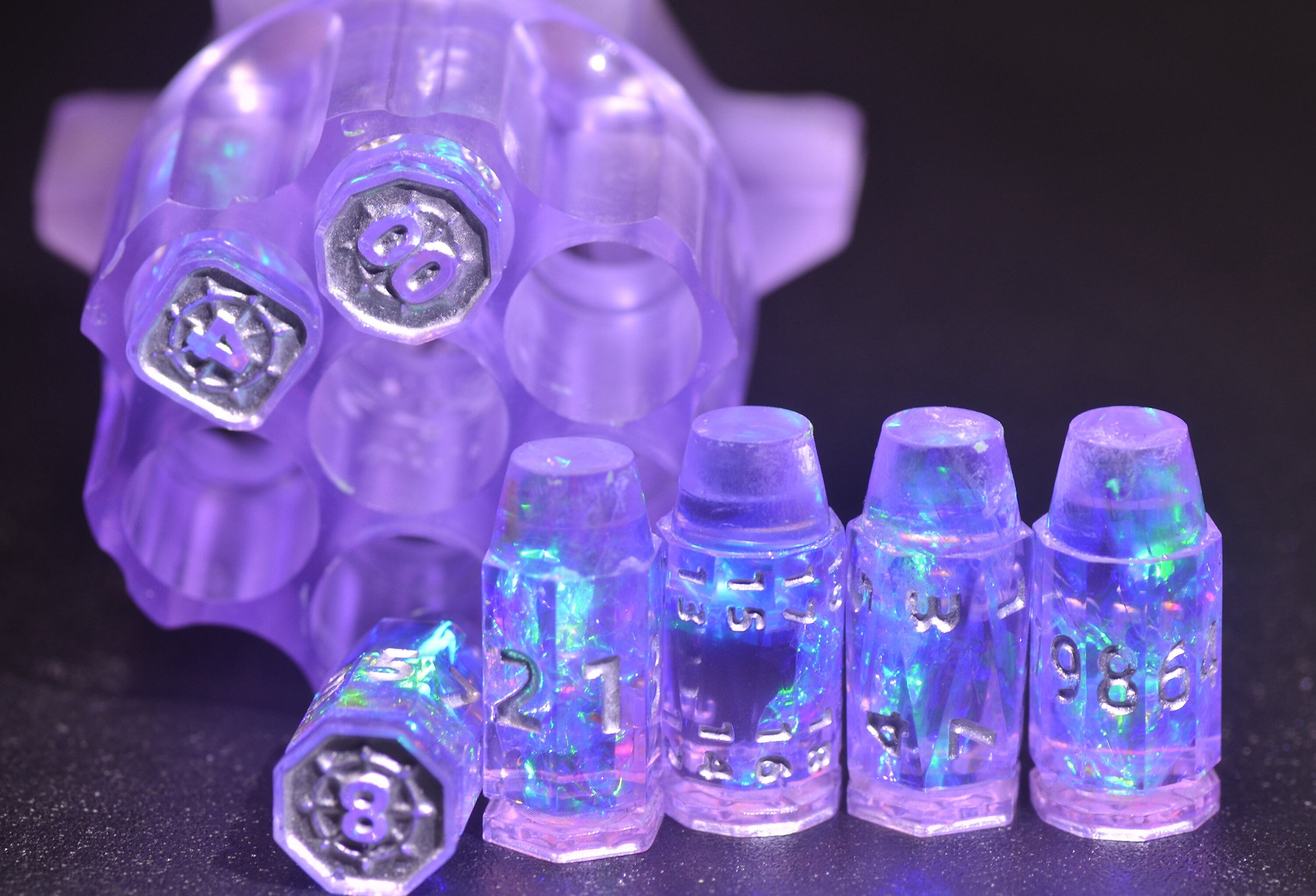 Purple Revolver Bullet & Bomb Fidget Spinner Dice Set โ Explosive Handcrafted Resin Dice with Rotating Base, Perfect for RPG Gun Enthusiasts