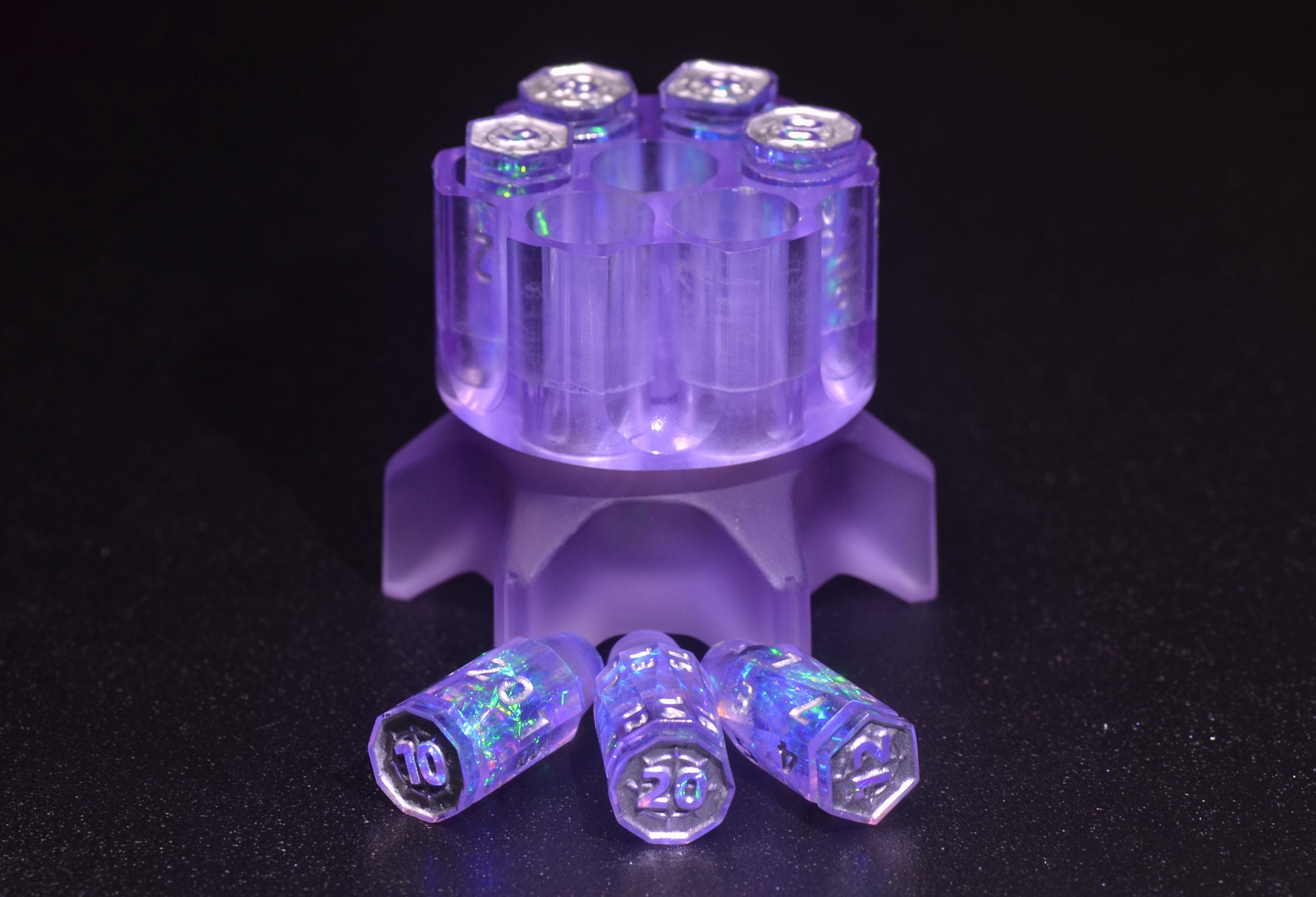 Purple Revolver Bullet & Bomb Fidget Spinner Dice Set โ Explosive Handcrafted Resin Dice with Rotating Base, Perfect for RPG Gun Enthusiasts