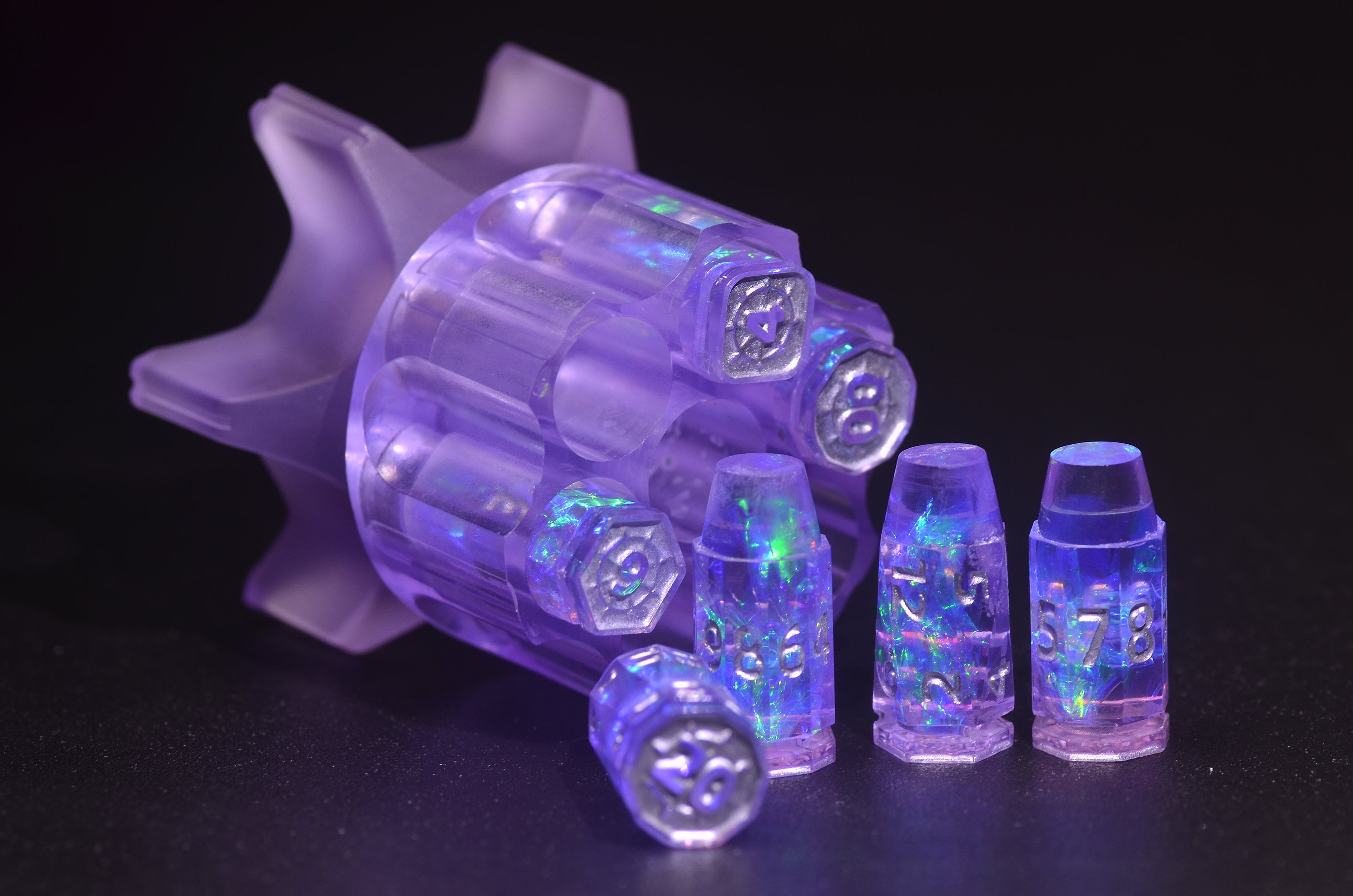 Purple Revolver Bullet & Bomb Fidget Spinner Dice Set – Explosive Handcrafted Resin Dice with Rotating Base, Perfect for RPG Gun Enthusiasts