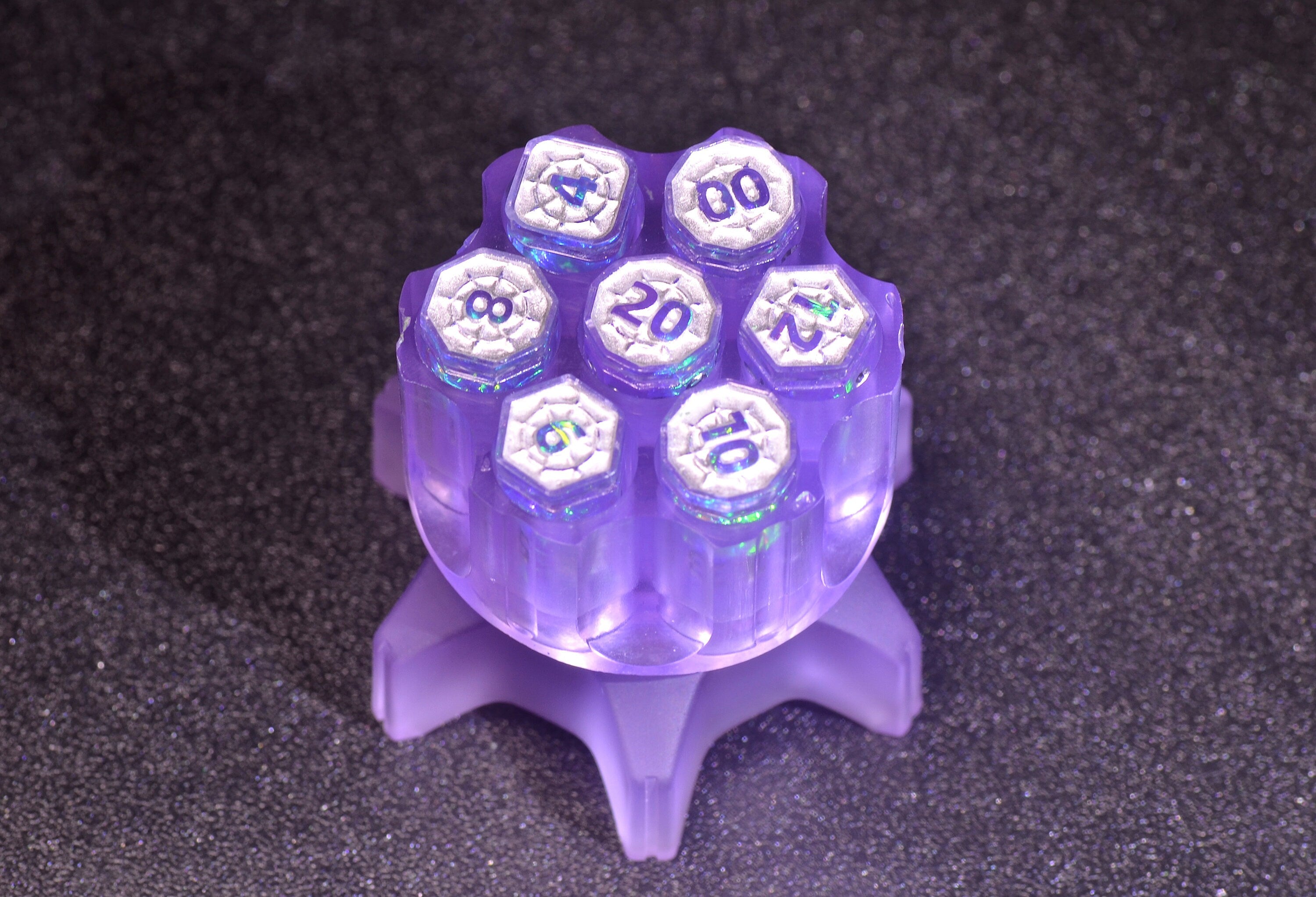 Purple Revolver Bullet & Bomb Fidget Spinner Dice Set โ Explosive Handcrafted Resin Dice with Rotating Base, Perfect for RPG Gun Enthusiasts