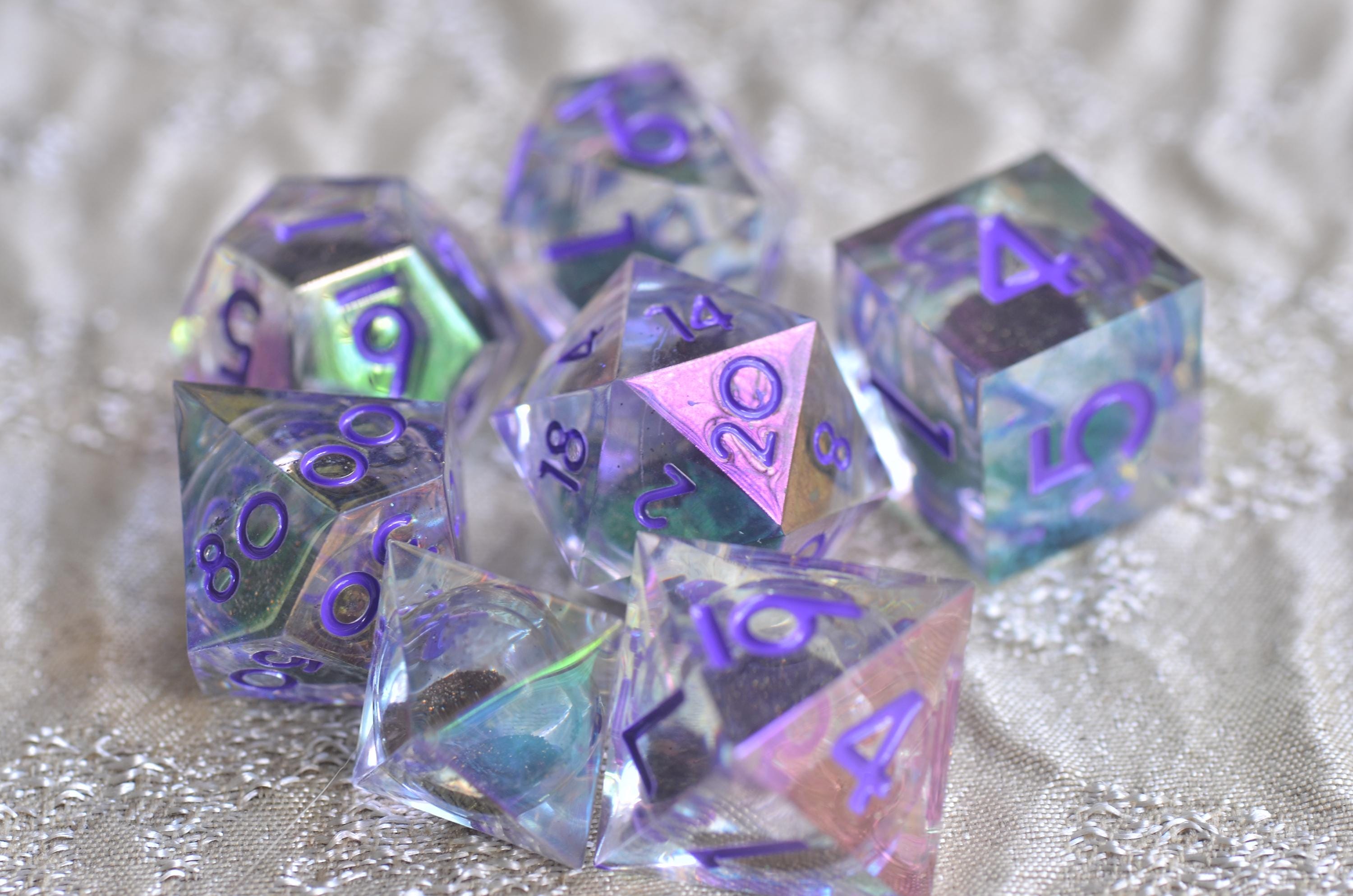Cyberpunk Violet Iridescent Core Liquid Dice โ Mesmerizing Black Sand in Motion- Stunning RPG Dice Set | Sharp Edge Resin Polyhedral Dice