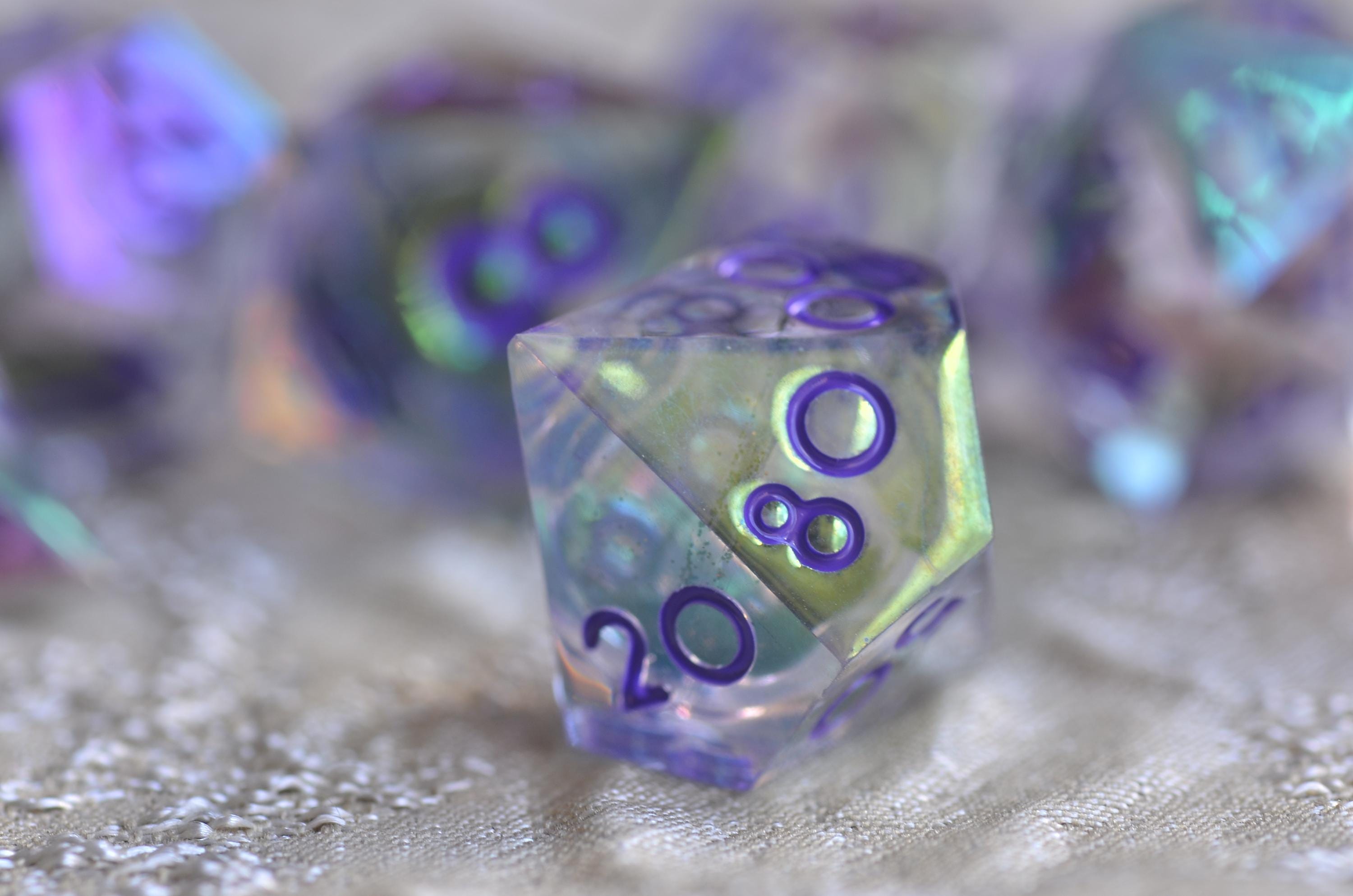 Cyberpunk Violet Iridescent Core Liquid Dice โ Mesmerizing Black Sand in Motion- Stunning RPG Dice Set | Sharp Edge Resin Polyhedral Dice