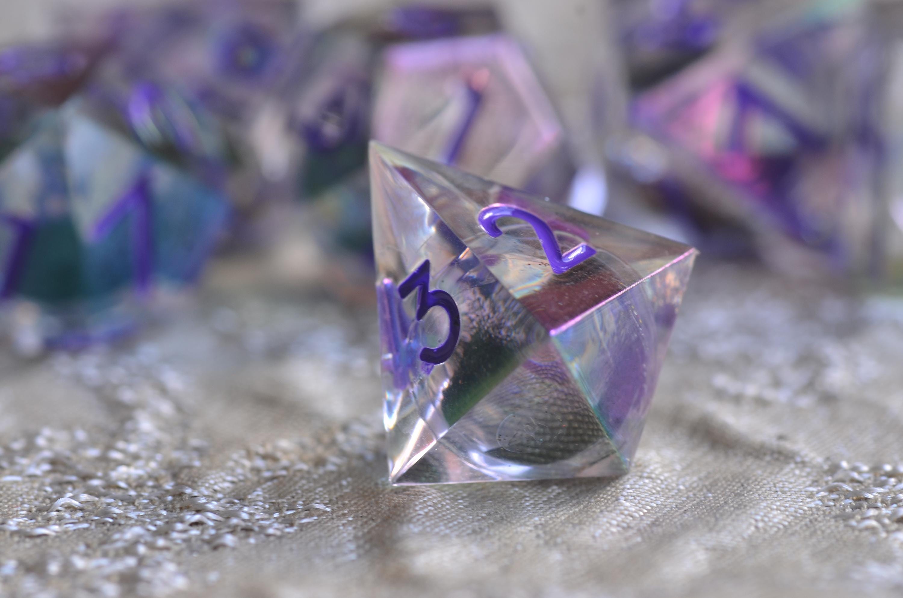 Cyberpunk Violet Iridescent Core Liquid Dice โ Mesmerizing Black Sand in Motion- Stunning RPG Dice Set | Sharp Edge Resin Polyhedral Dice