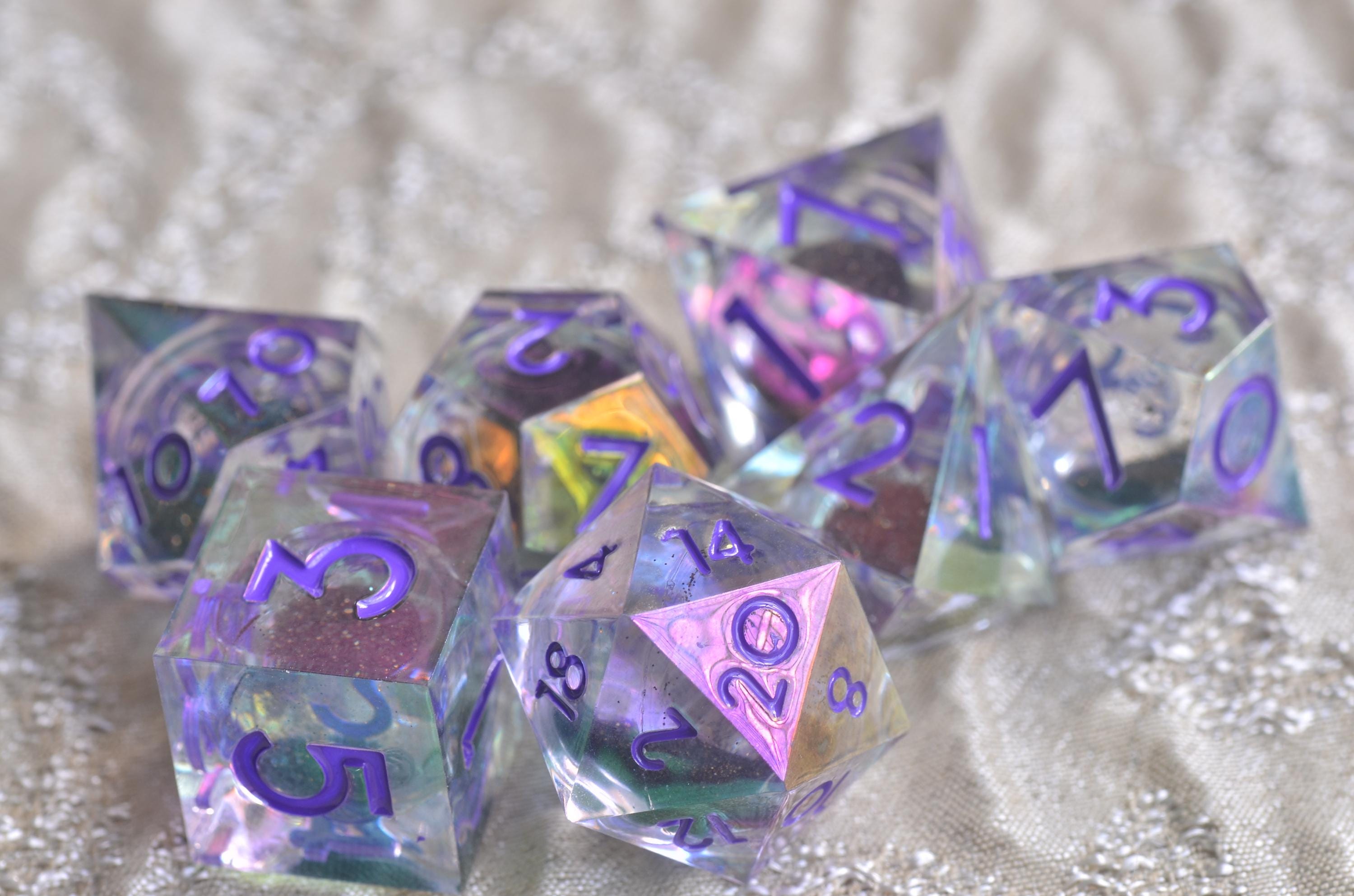 Cyberpunk Violet Iridescent Core Liquid Dice โ Mesmerizing Black Sand in Motion- Stunning RPG Dice Set | Sharp Edge Resin Polyhedral Dice