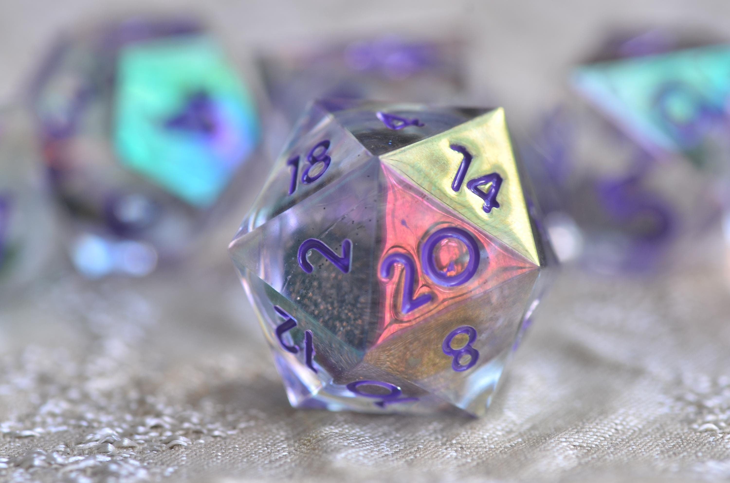 Cyberpunk Violet Iridescent Core Liquid Dice โ Mesmerizing Black Sand in Motion- Stunning RPG Dice Set | Sharp Edge Resin Polyhedral Dice