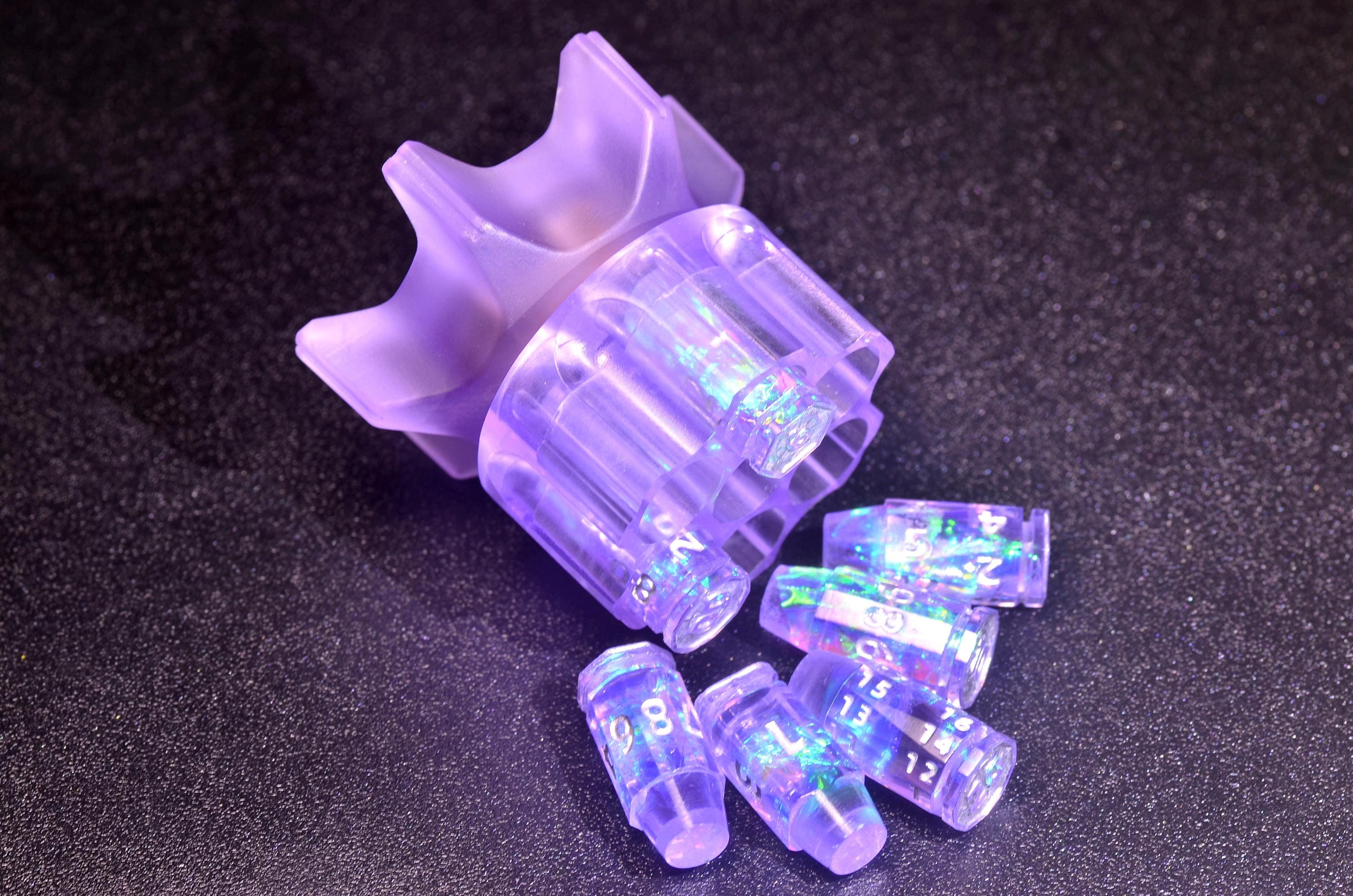 Purple Revolver Bullet & Bomb Fidget Spinner Dice Set โ Explosive Handcrafted Resin Dice with Rotating Base, Perfect for RPG Gun Enthusiasts