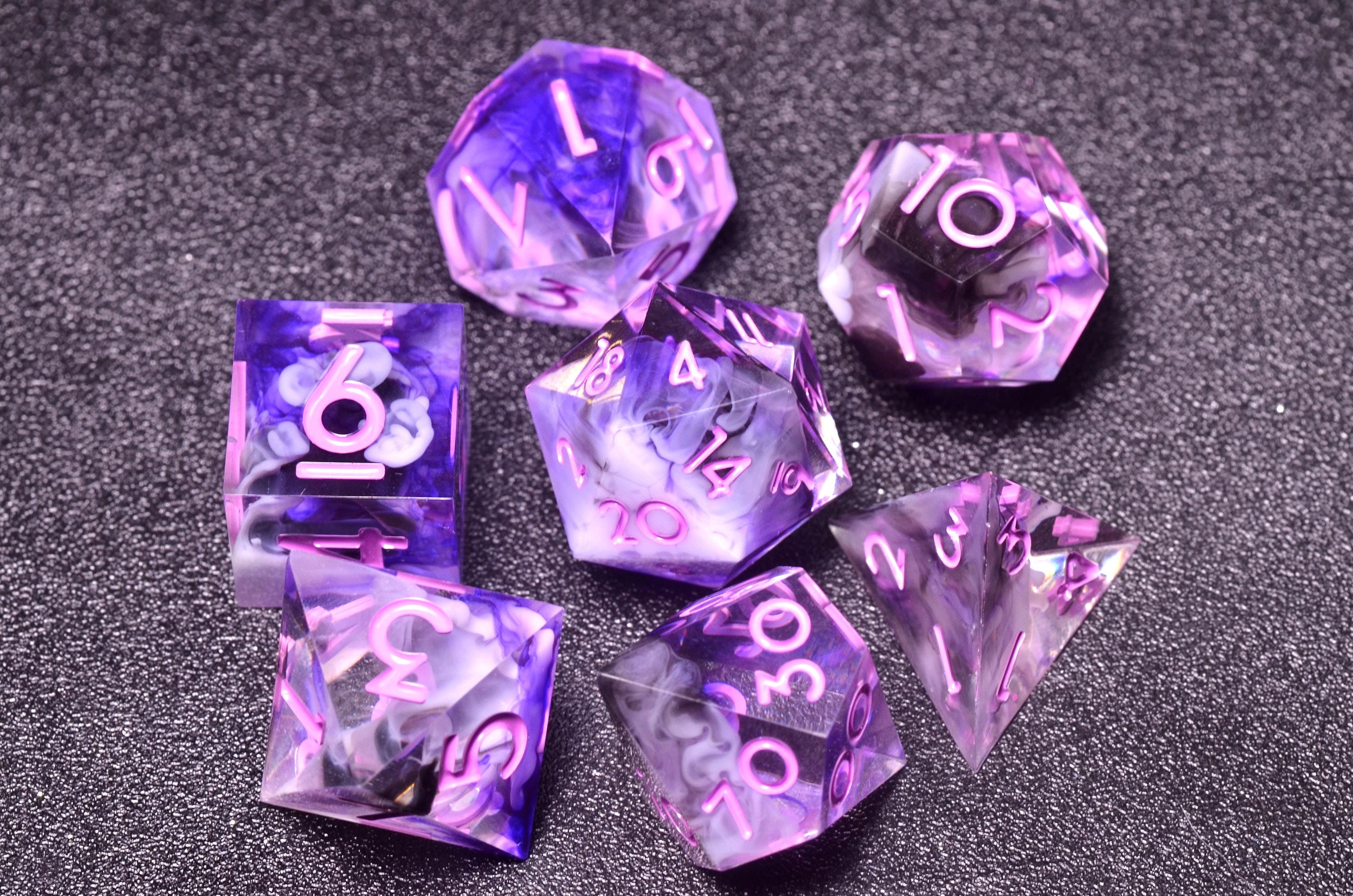 Fantasy Lila Purple Dice Set – lavender dnd dice,Resin Sharp Edge Dice with Swirling Silk Effect -Wizard Purple Polyhedral Dice Set