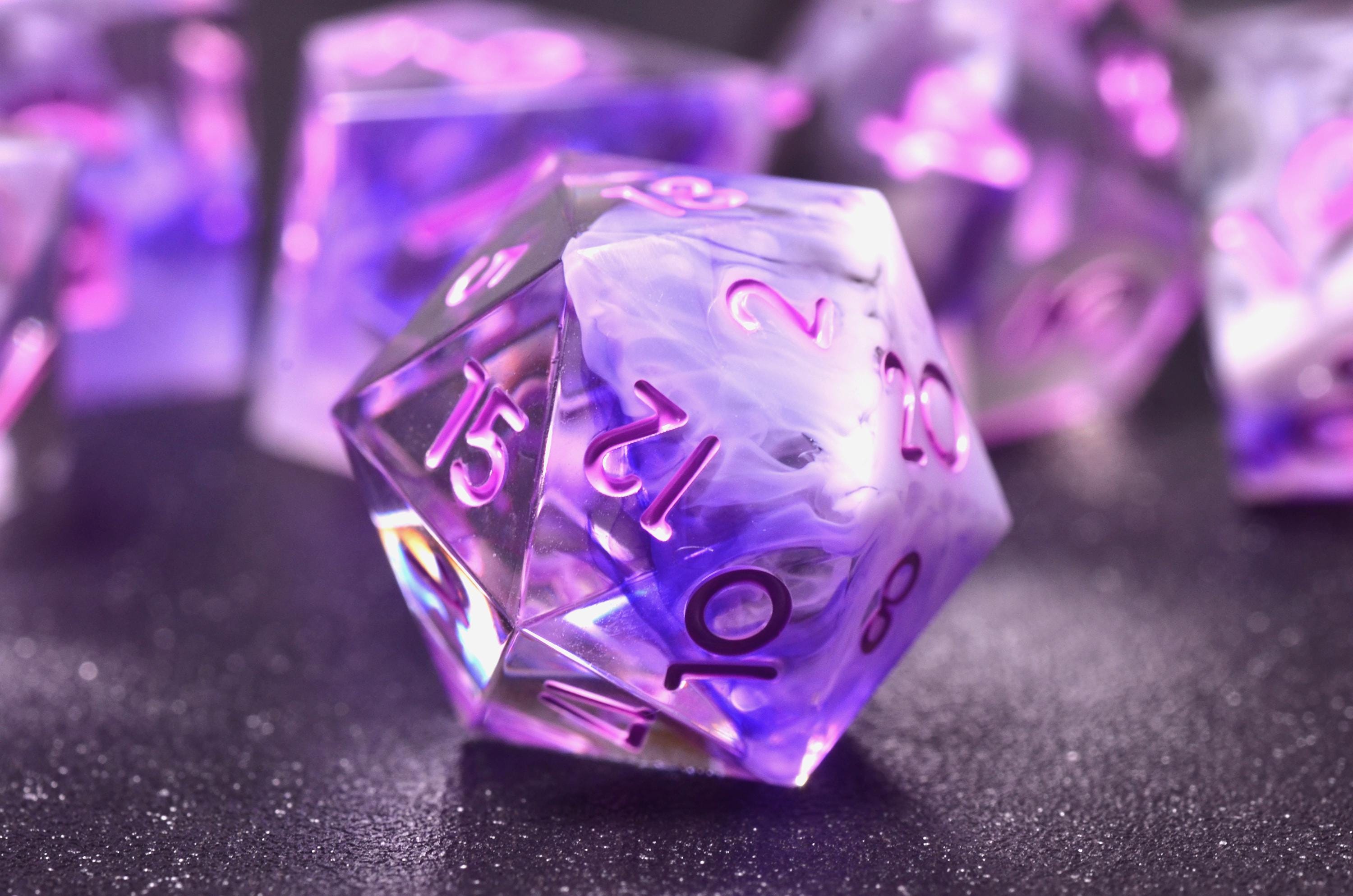 Fantasy Lila Purple Dice Set – lavender dnd dice,Resin Sharp Edge Dice with Swirling Silk Effect -Wizard Purple Polyhedral Dice Set