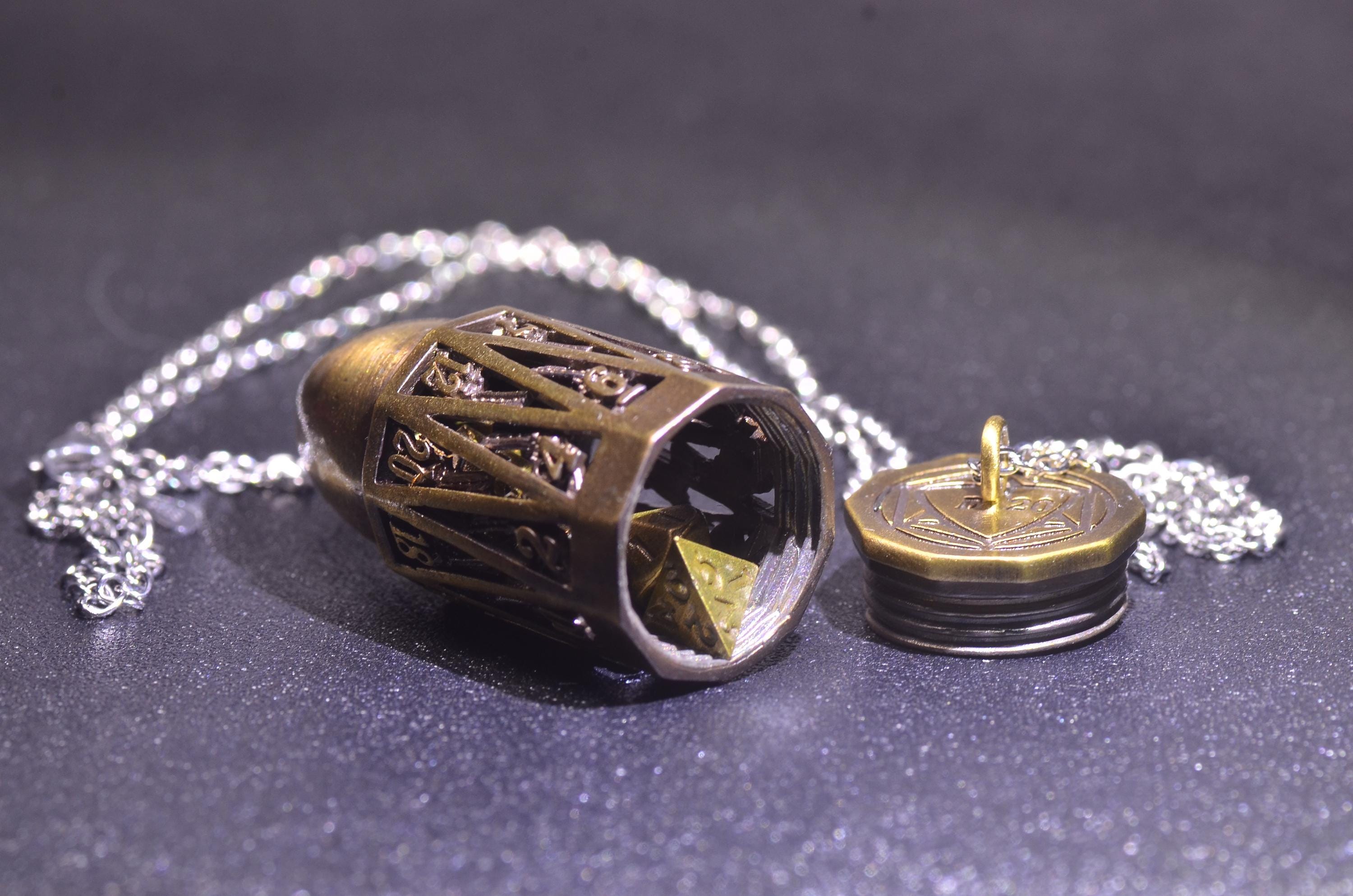 Bullet D20 dice Pendant & keychain– Hollow Mini Dice Holder Necklace with 925 Silver Chain,DND D20 Necklace,D20 DICE keychain, DND Gift