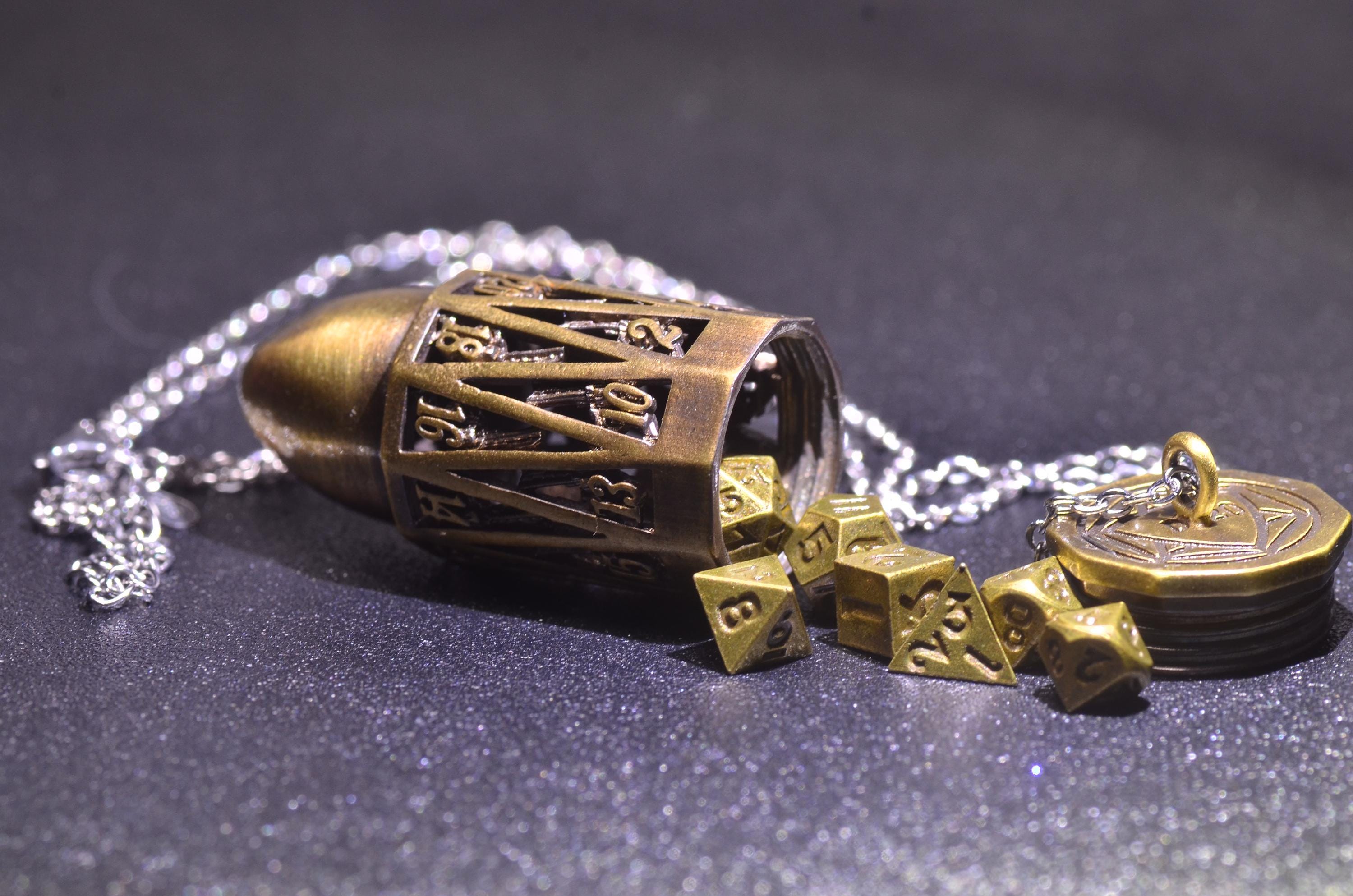 Bullet D20 dice Pendant & keychain– Hollow Mini Dice Holder Necklace with 925 Silver Chain,DND D20 Necklace,D20 DICE keychain, DND Gift