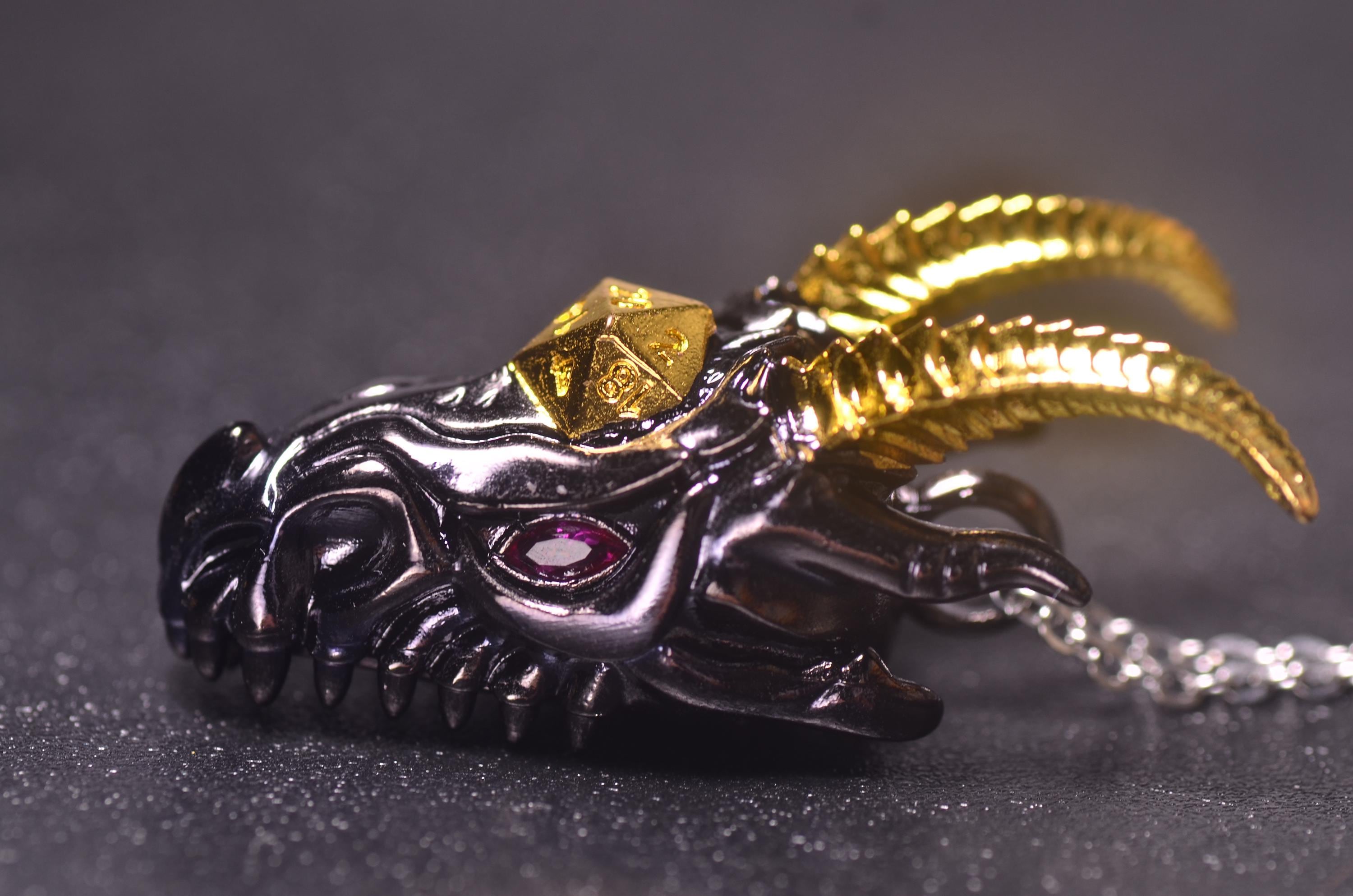 Black Dragon Head Necklace with Mini D20,dnd dice jail, Dragon Dice cage Necklace,dnd dice holder,d20 pendant DND Gift