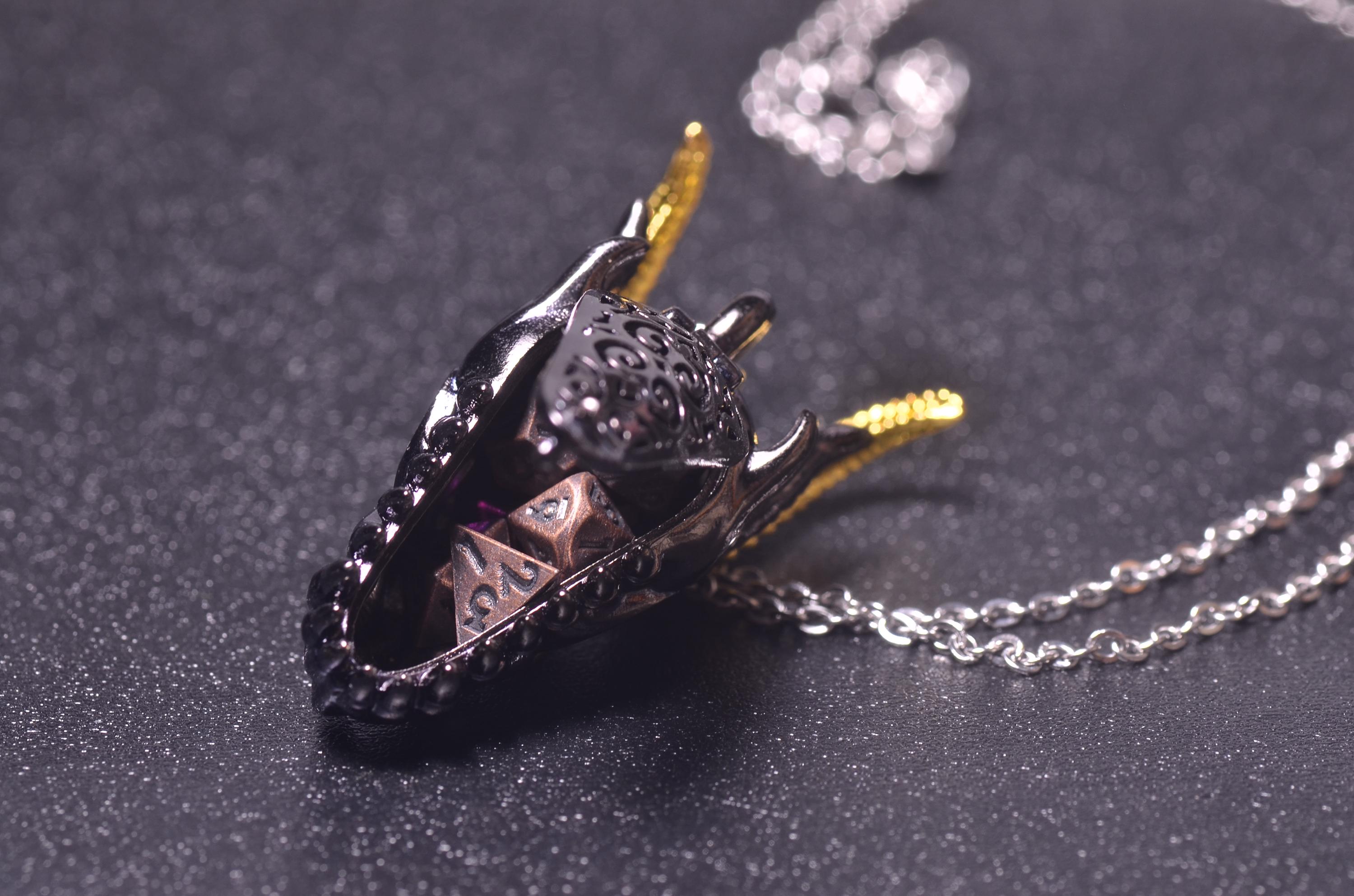 Black Dragon Head Necklace with Mini D20,dnd dice jail, Dragon Dice cage Necklace,dnd dice holder,d20 pendant DND Gift