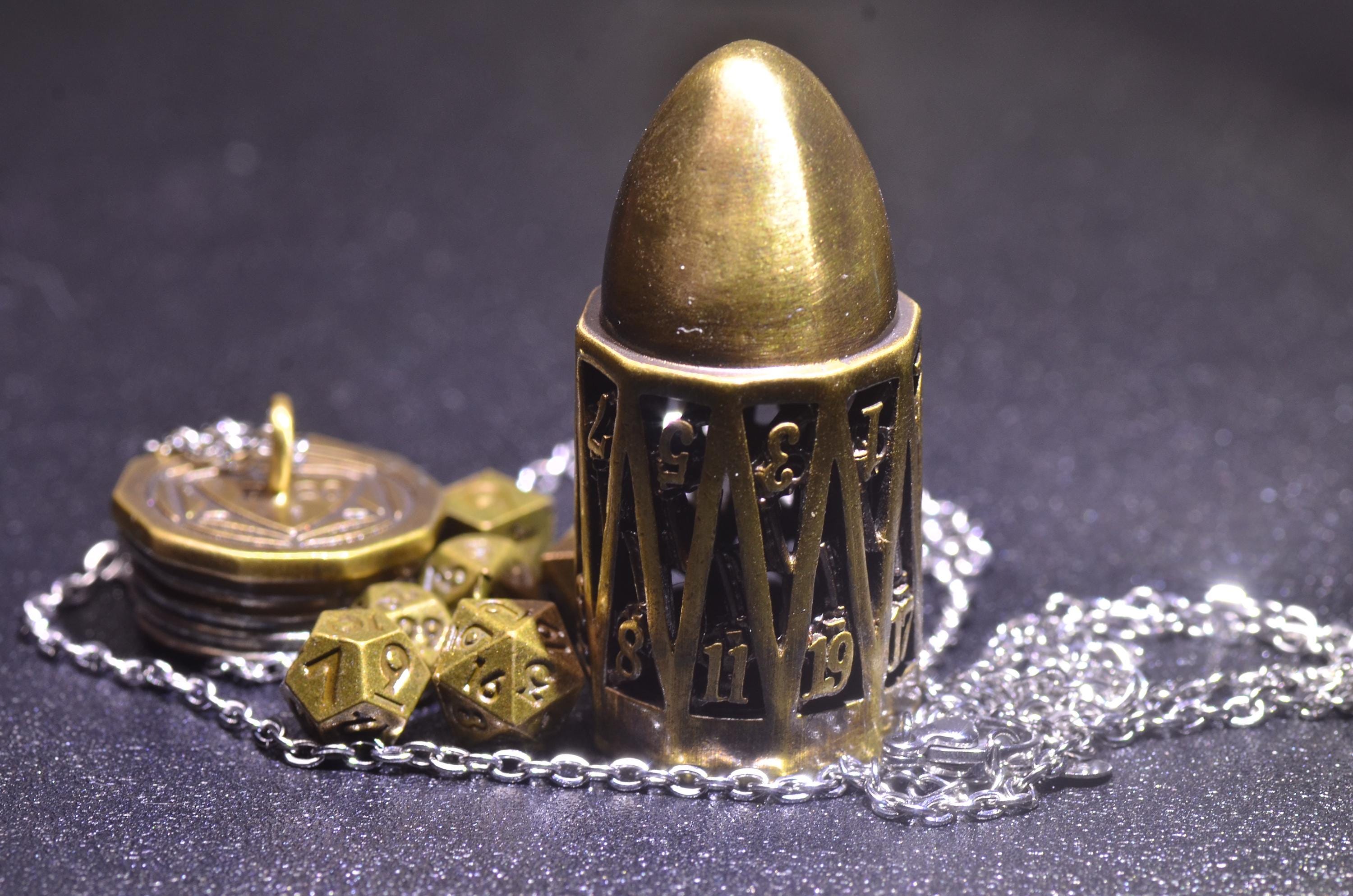 Bullet D20 dice Pendant & keychain– Hollow Mini Dice Holder Necklace with 925 Silver Chain,DND D20 Necklace,D20 DICE keychain, DND Gift