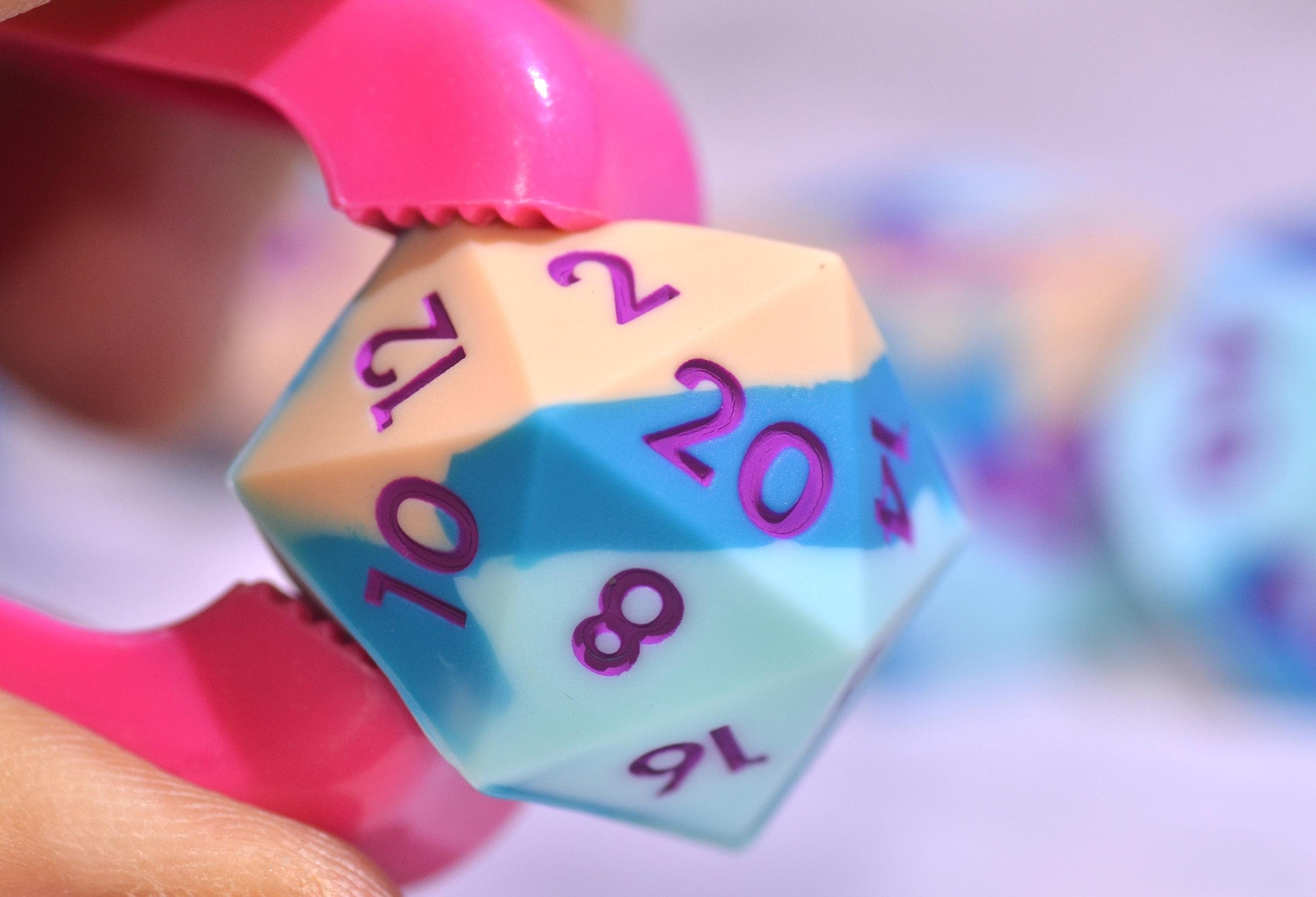 Squishy rainbow rubber dice, shape-shifting springback DND dice