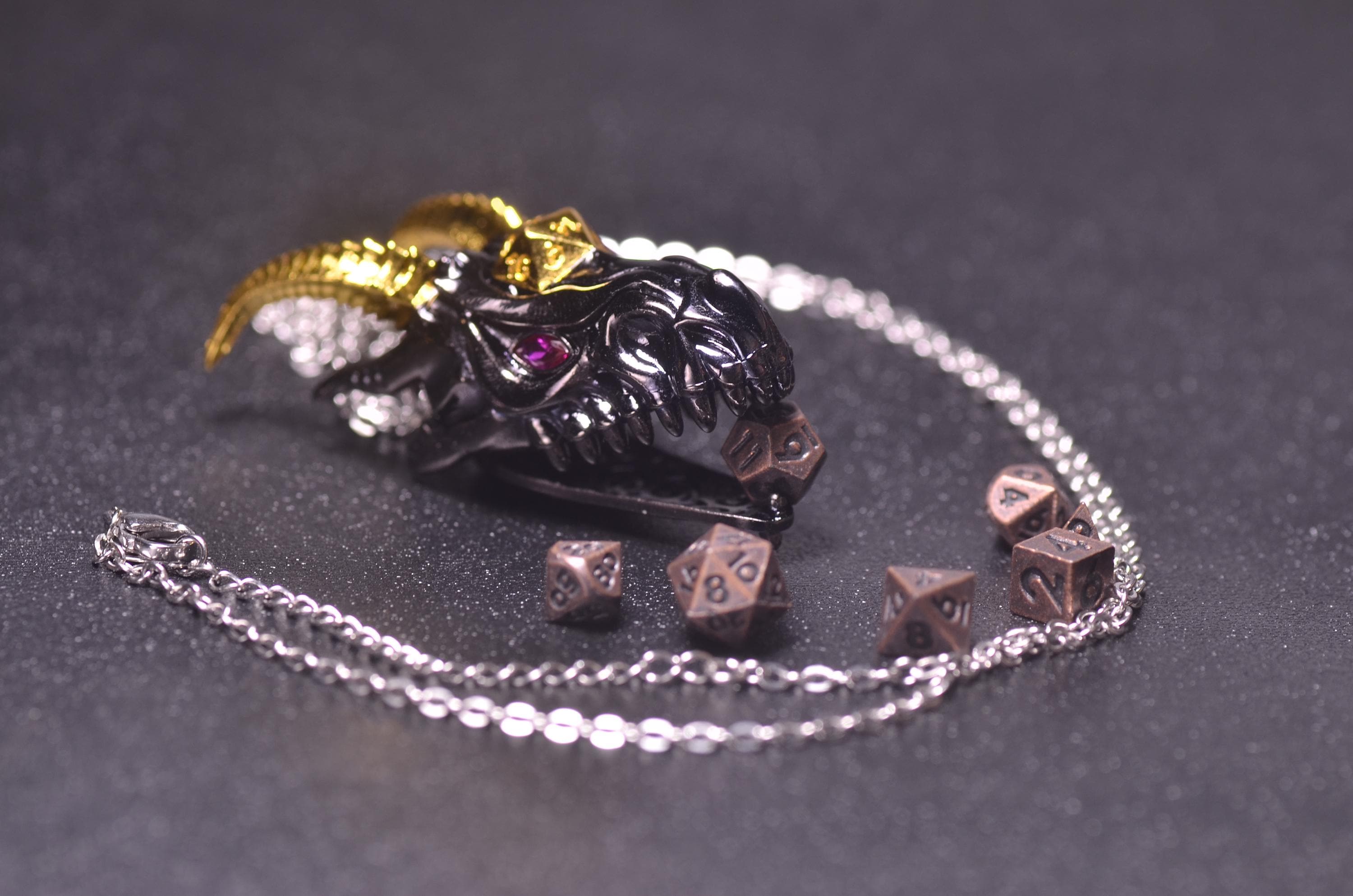 Black Dragon Head Necklace with Mini D20,dnd dice jail, Dragon Dice cage Necklace,dnd dice holder,d20 pendant DND Gift