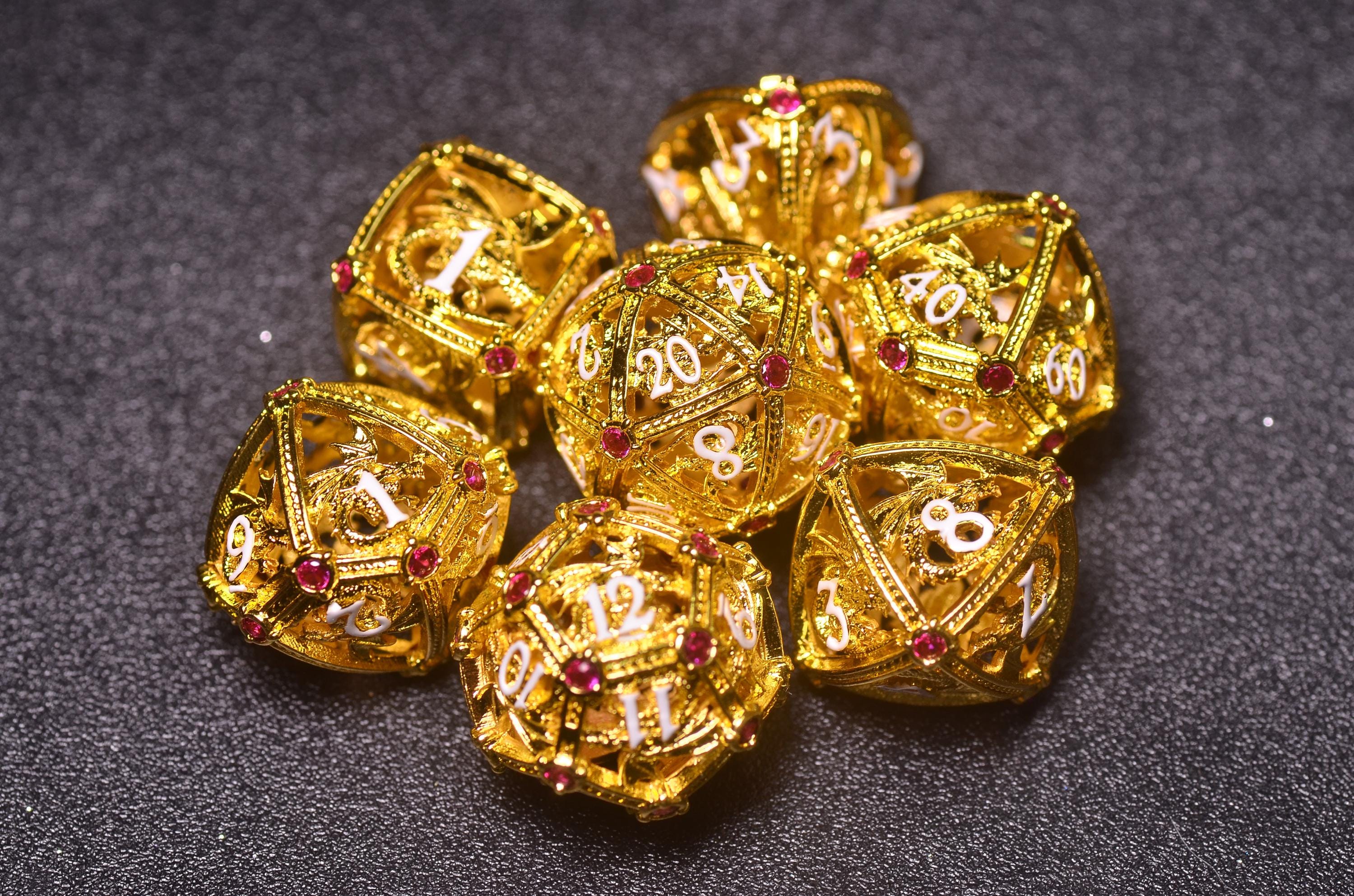 Ruby Hollow Gold Dragon Dice Set - Dwarf Polyhedral for DND Gift