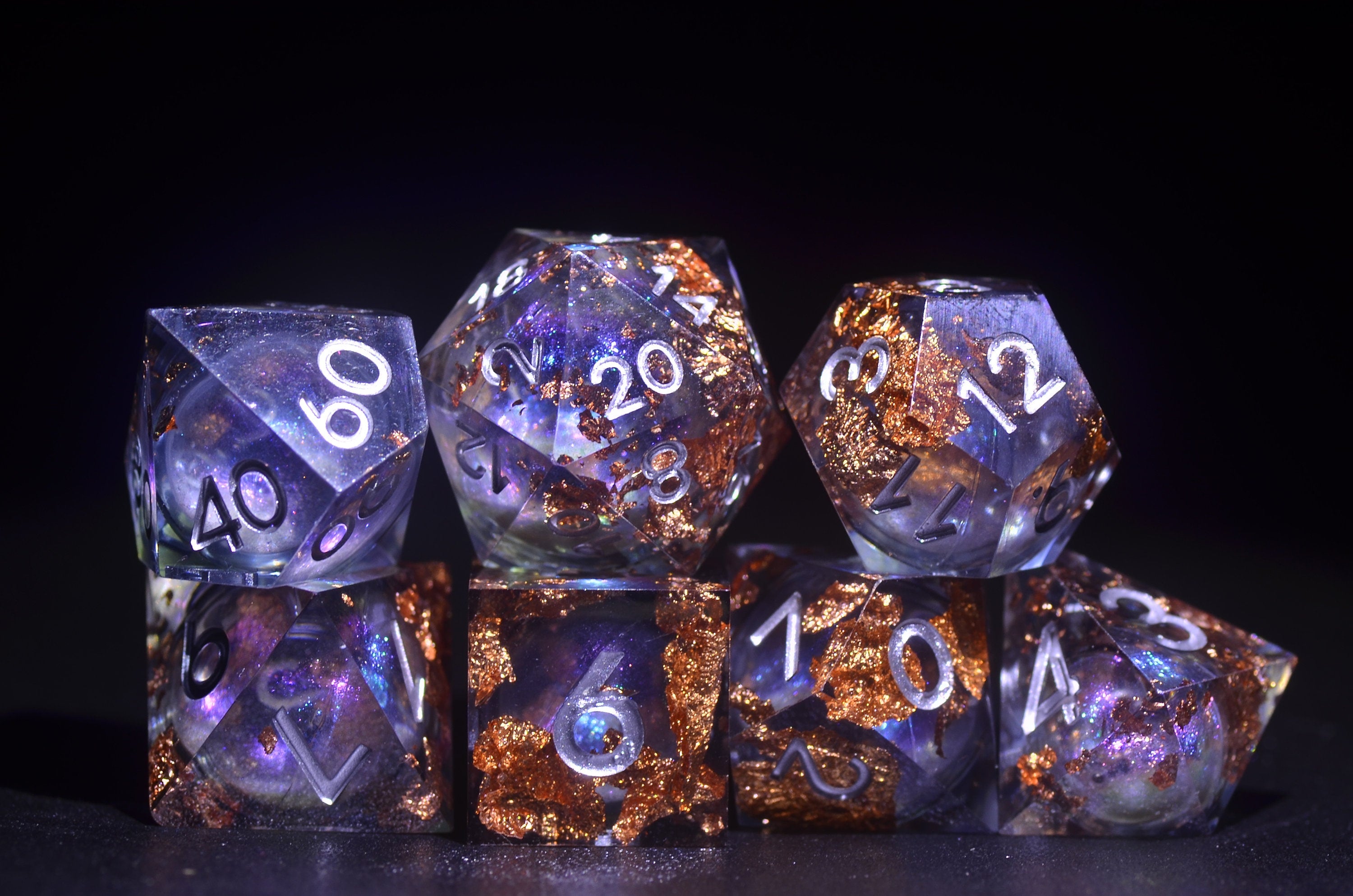 Liquid Core Dice Set 'Cosmic Stardust' - Smokey grey resin with floating glitter for D&D